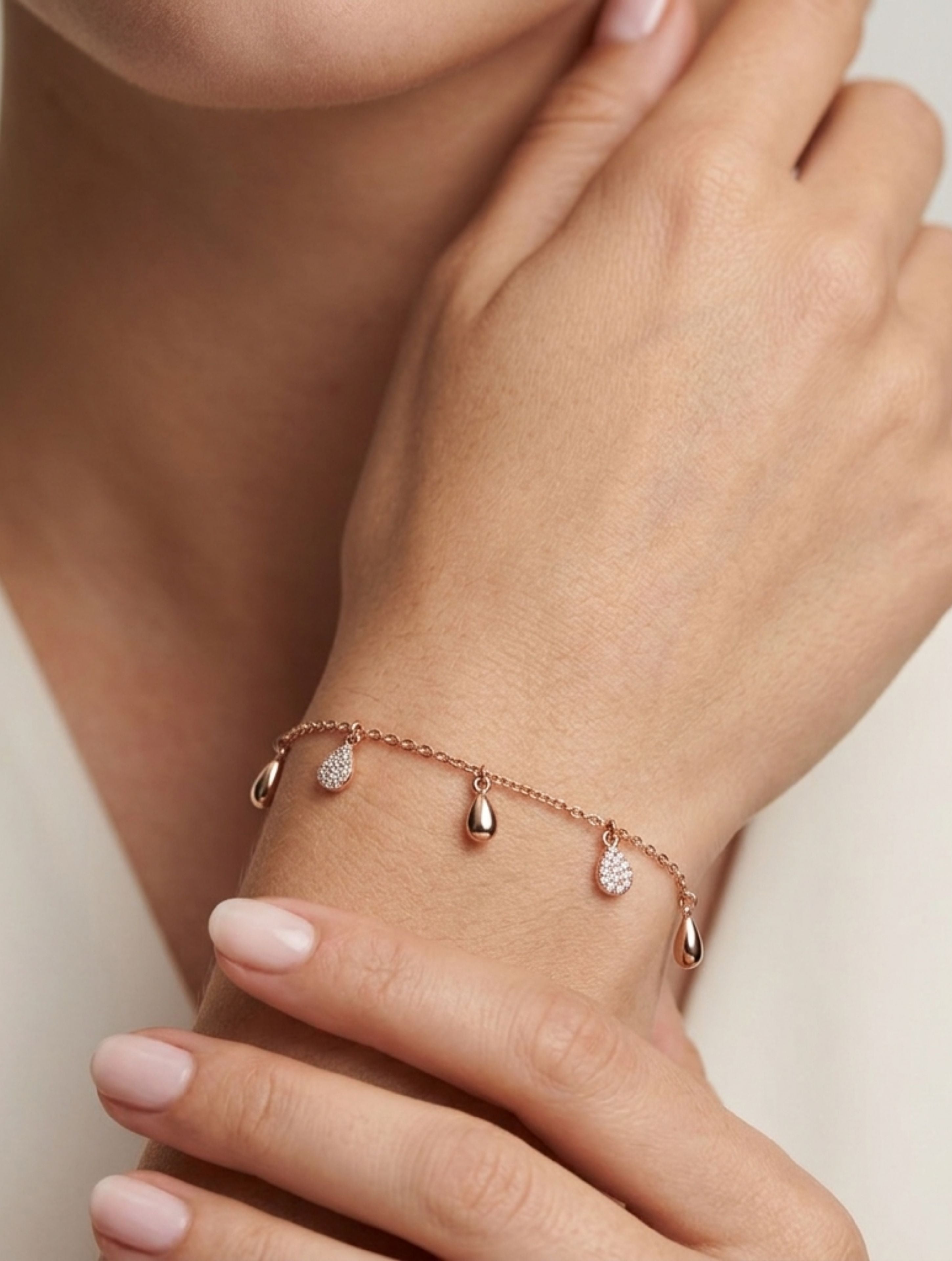 Rose Gold Teardrop Charm Bracelet in 925 Sterling Silver