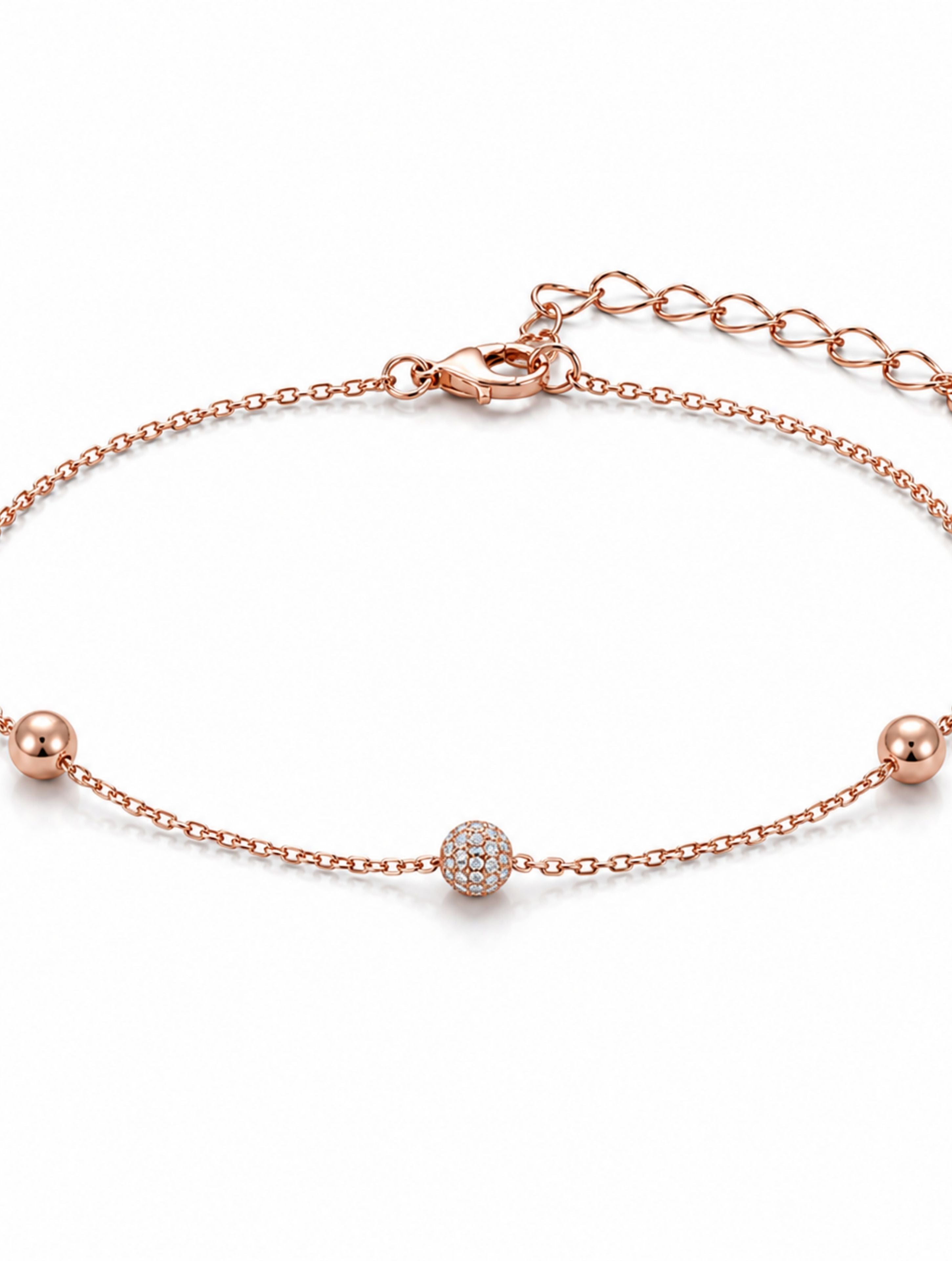 Sparkling Pave & Polished Bead Rose Gold Bracelet In 925 Sterling Silver