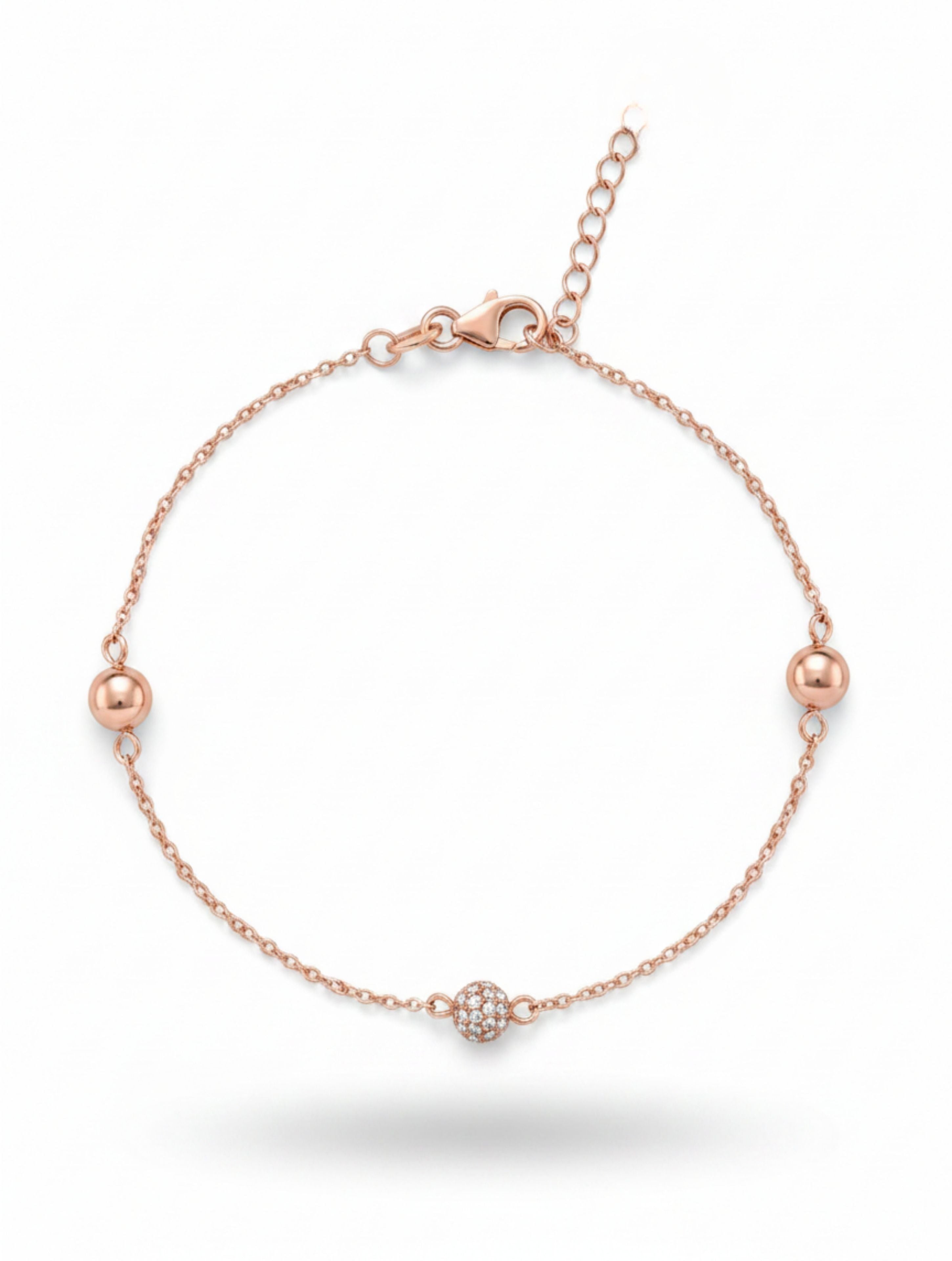 Sparkling Pave & Polished Bead Rose Gold Bracelet In 925 Sterling Silver
