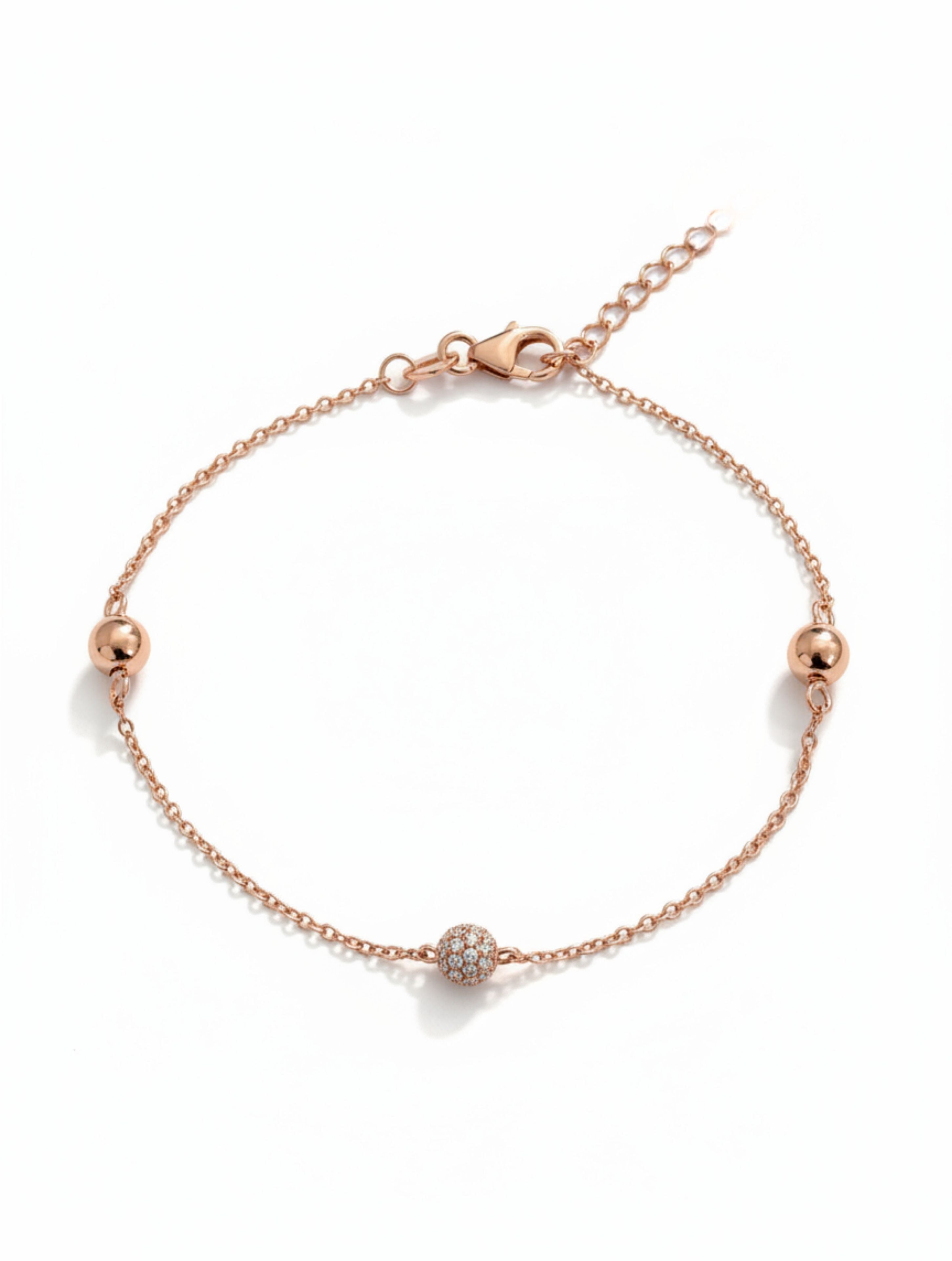 Sparkling Pave & Polished Bead Rose Gold Bracelet In 925 Sterling Silver