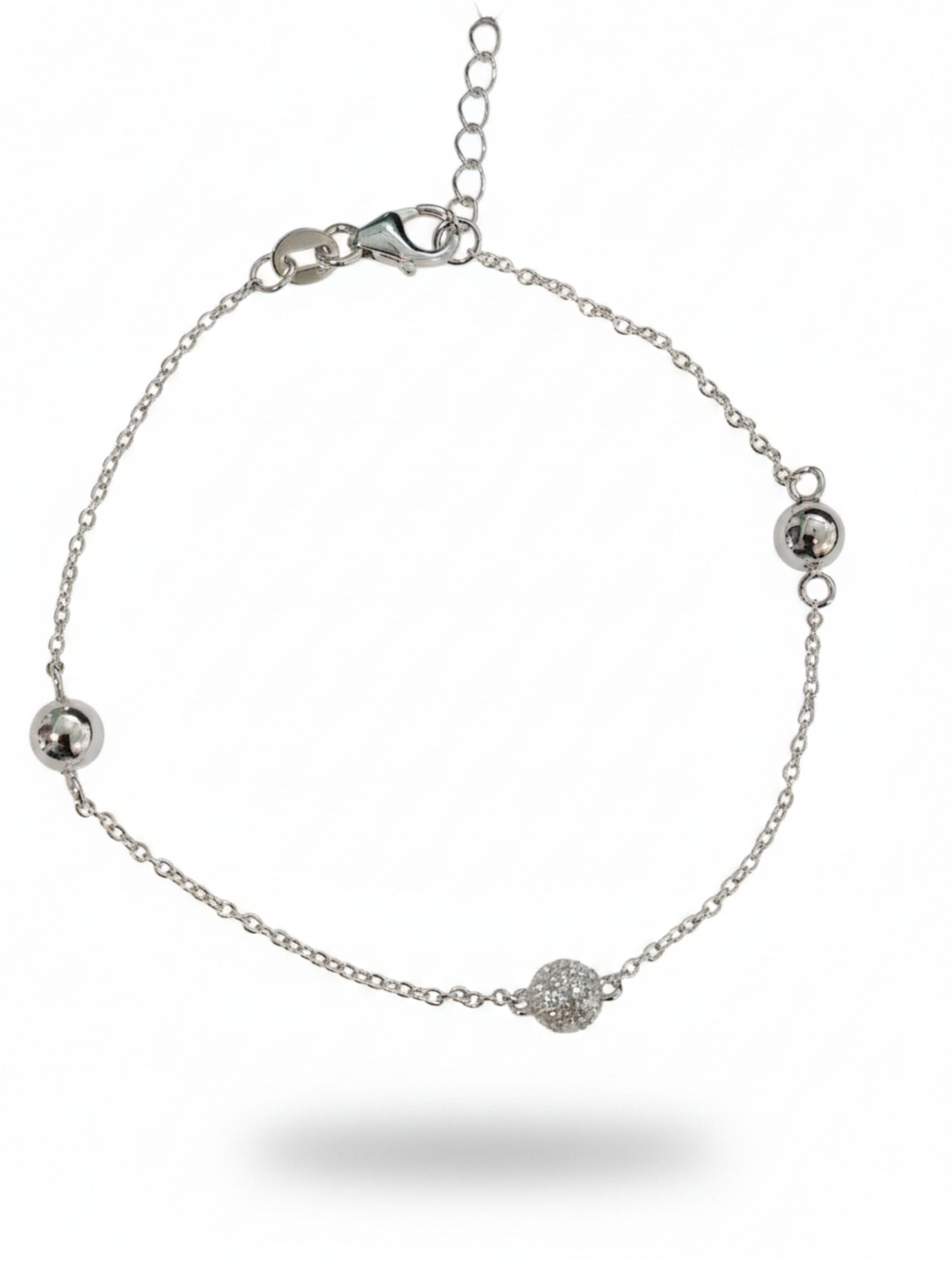 Shimmering Silver Pave & Polished Bead Bracelet in 925 Sterling Silver