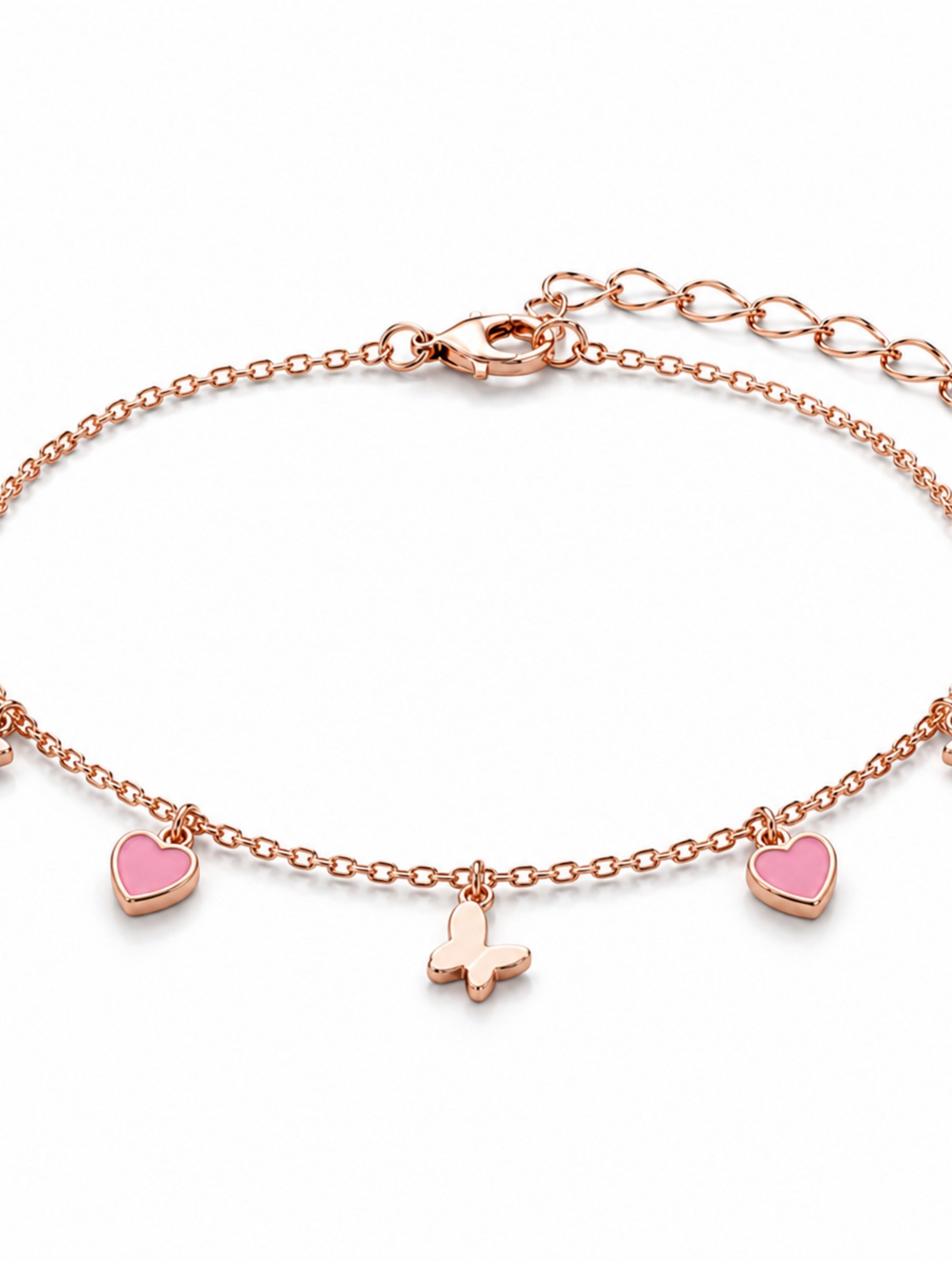 Rose Gold Pink Heart & Butterfly Charm Bracelet in 925 Sterling Silver
