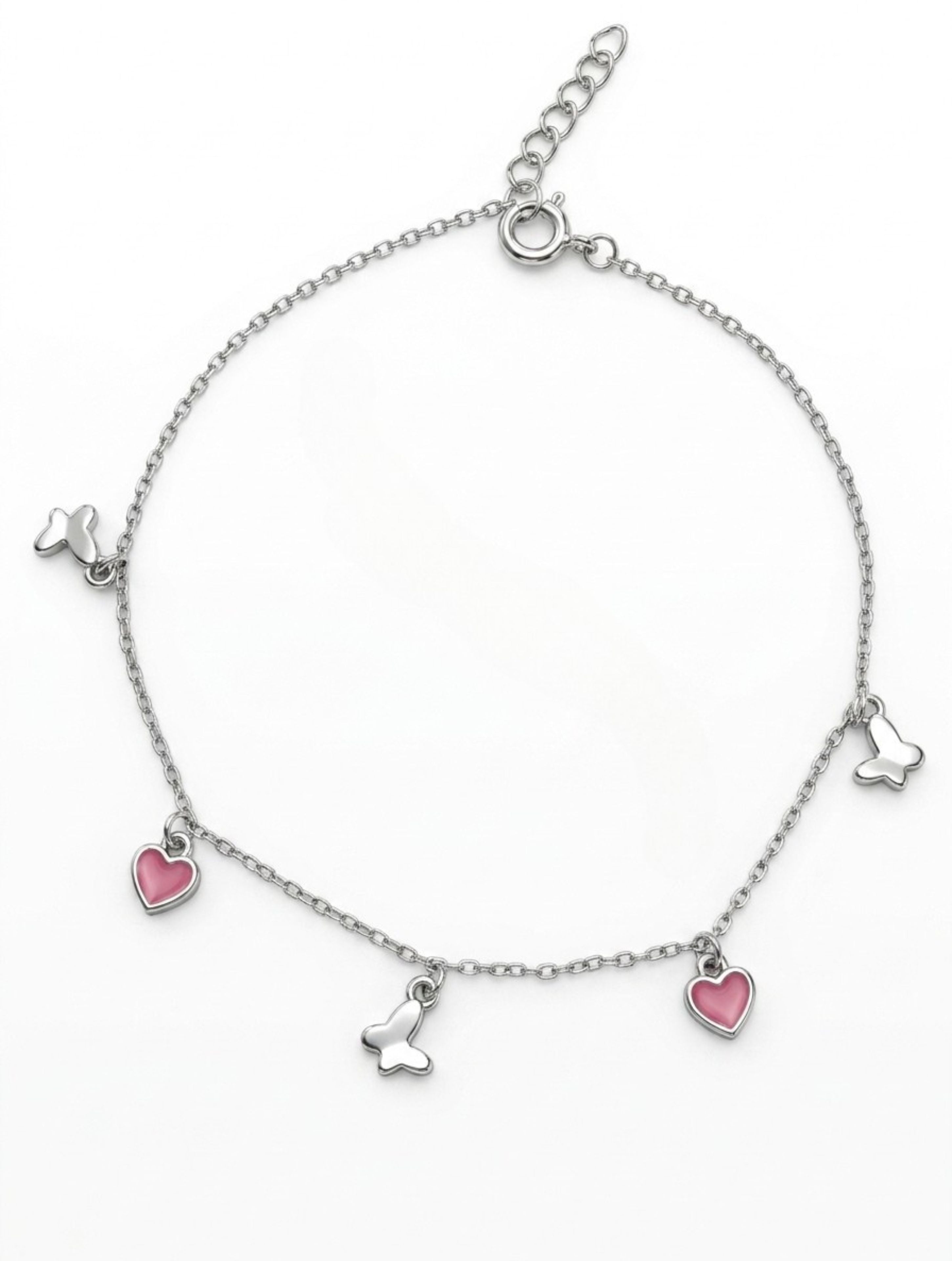 Pink Heart & Butterfly Charm Bracelet in 925 Sterling Silver