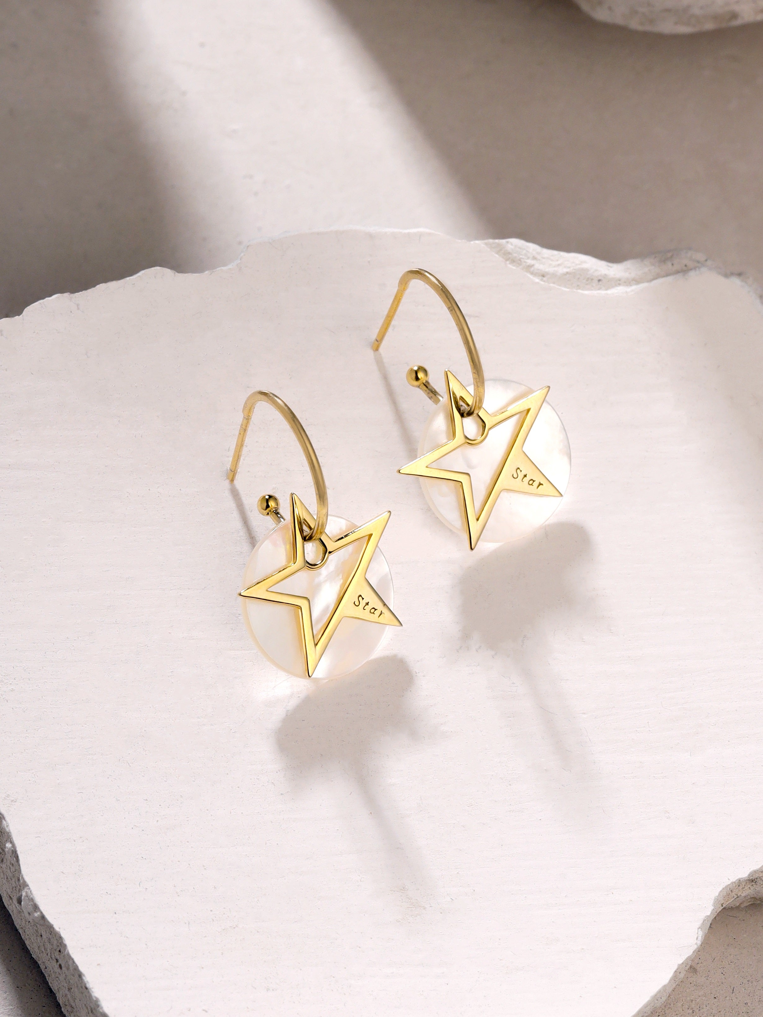 925 Sterling Silver Mother of Pearl Star Drop Hoop Earrings in Gold Plated