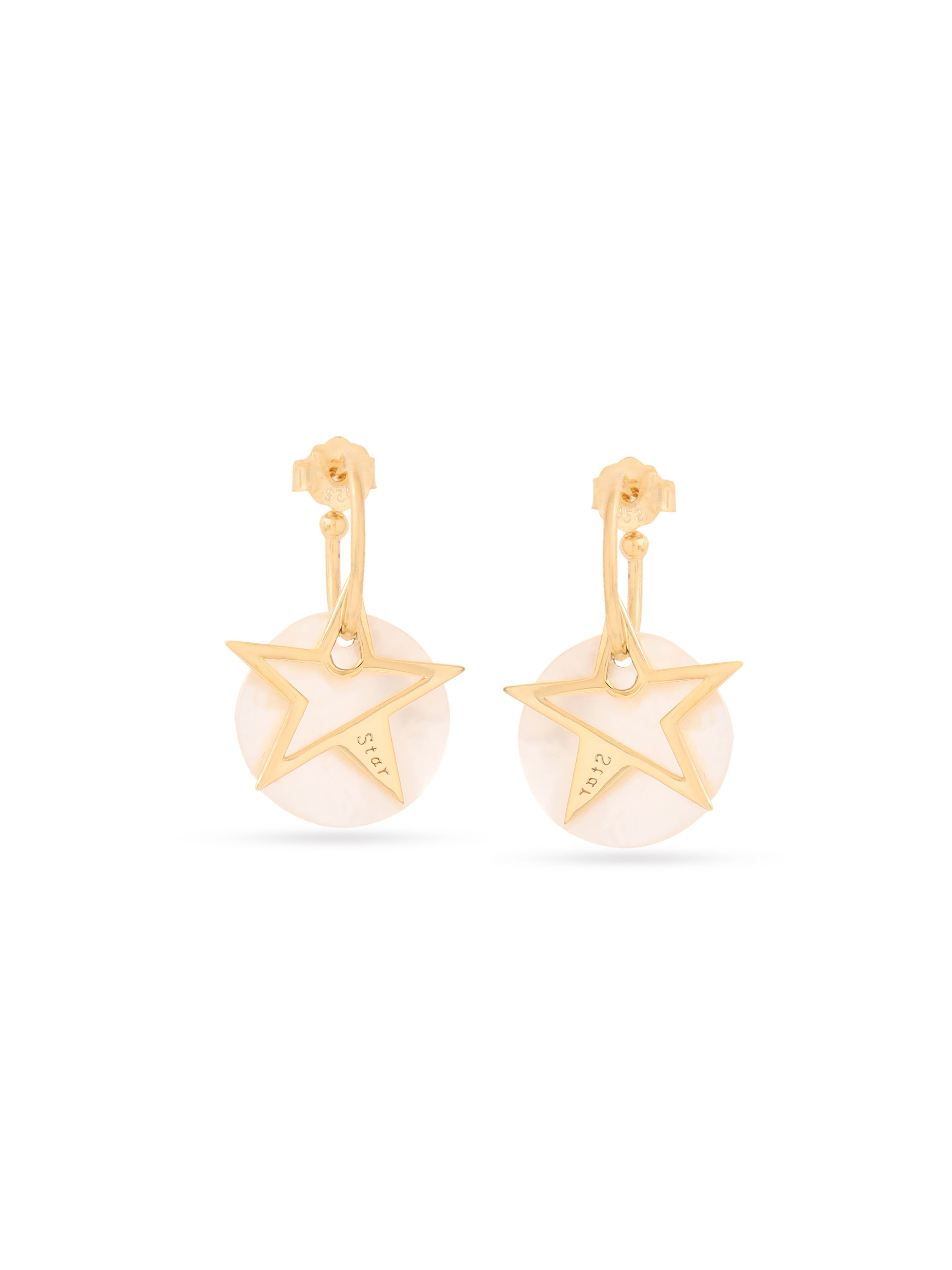 925 Sterling Silver Mother of Pearl Star Drop Hoop Earrings in Gold Plated