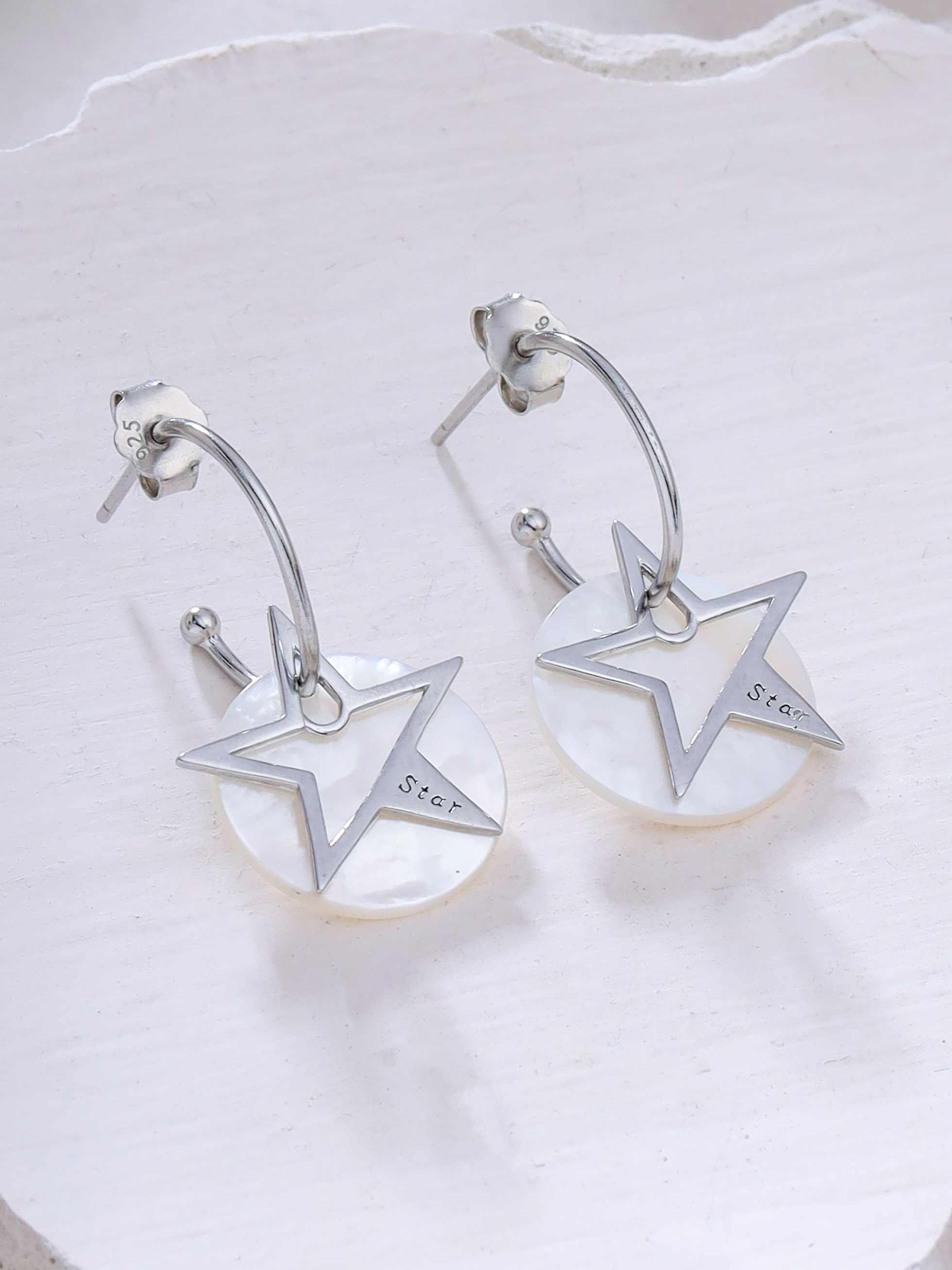 Sterling Silver Wishing Star Mother of Pearl Silver Hoops Earring