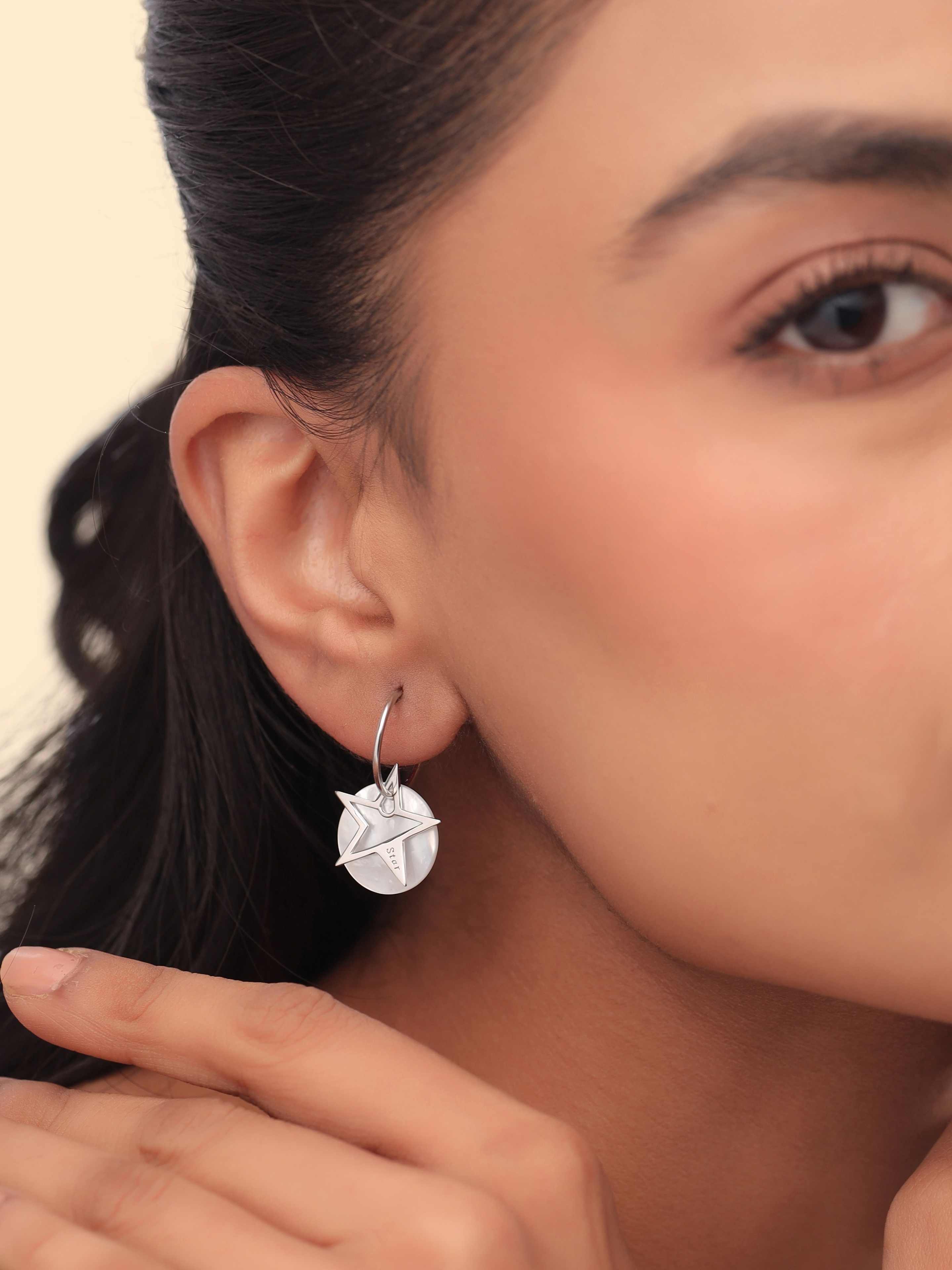 Sterling Silver Wishing Star Mother of Pearl Silver Hoops Earring