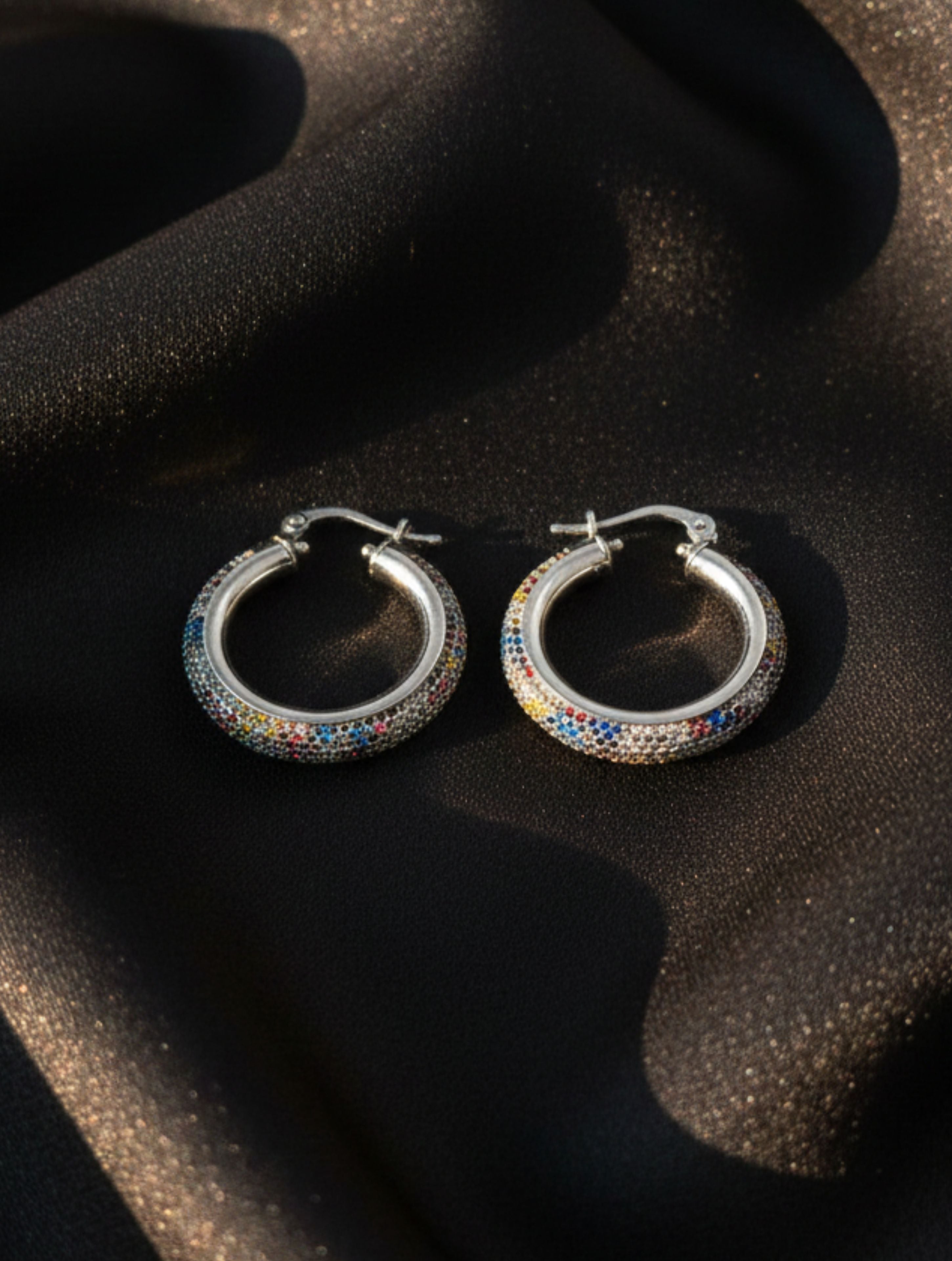 Sterling Silver Rainbow Sparkle Pave Hoops in 925 Sterling Silver