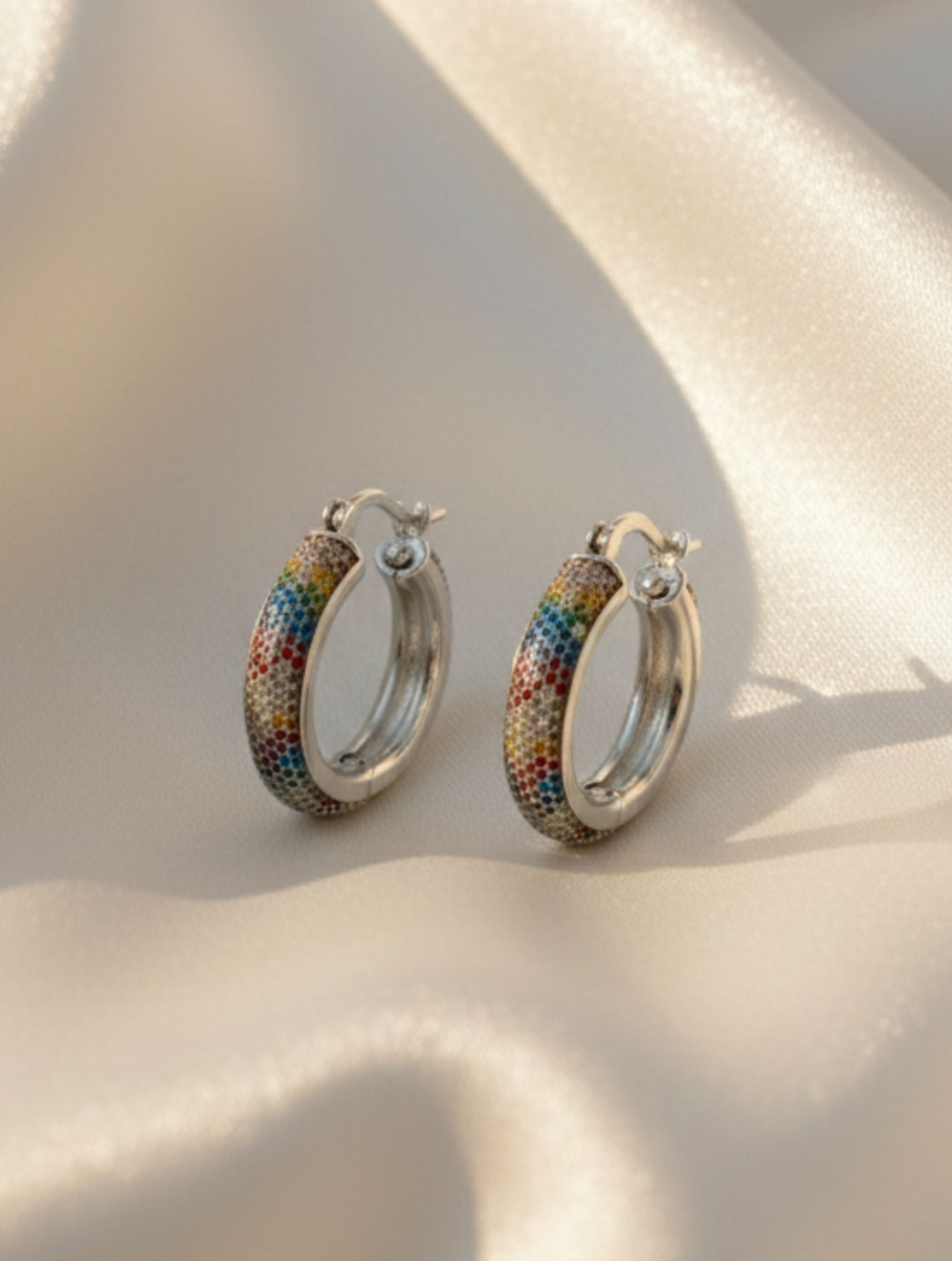 Sterling Silver Rainbow Sparkle Pave Hoops in 925 Sterling Silver