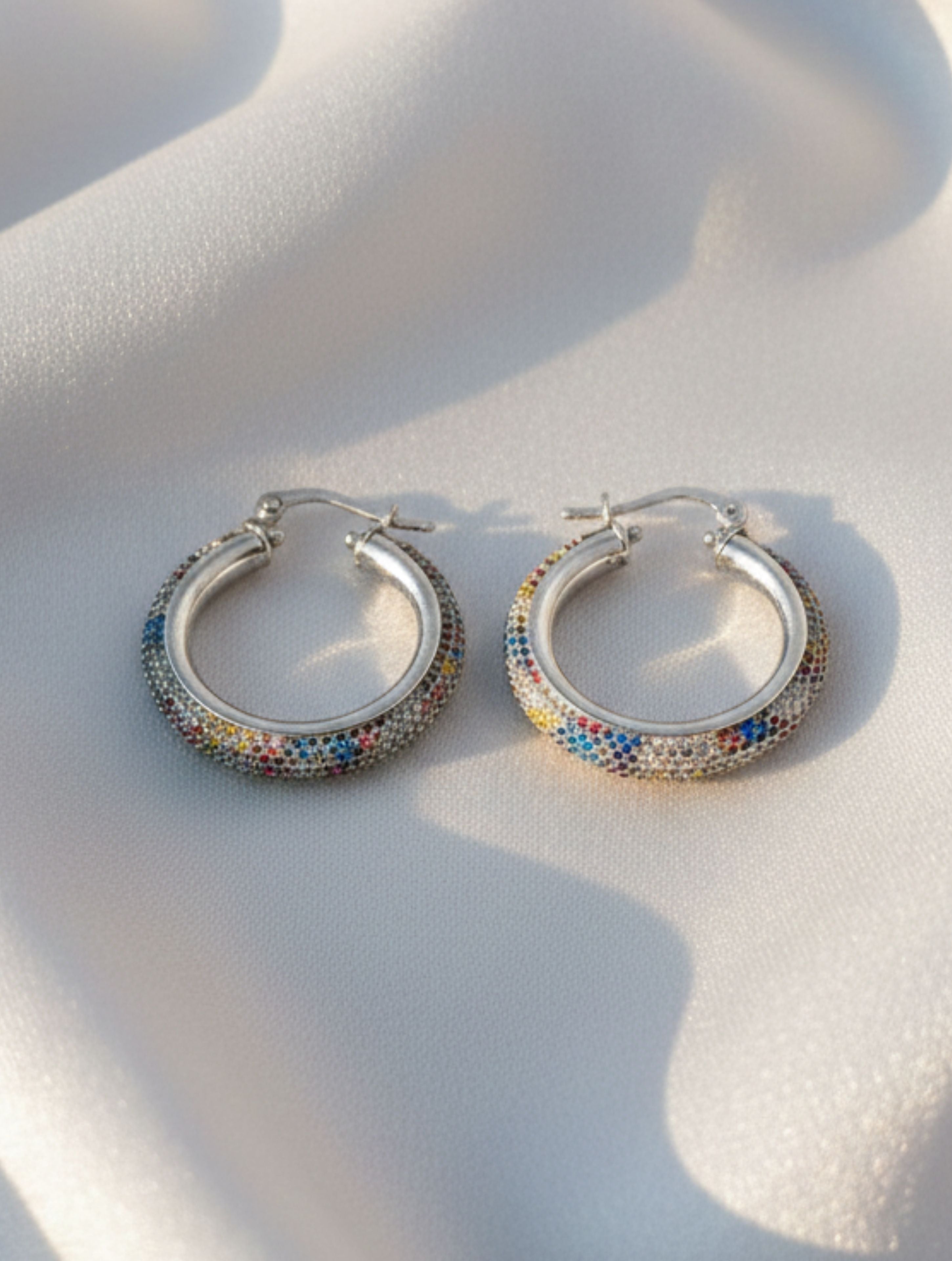 Sterling Silver Rainbow Sparkle Pave Hoops in 925 Sterling Silver
