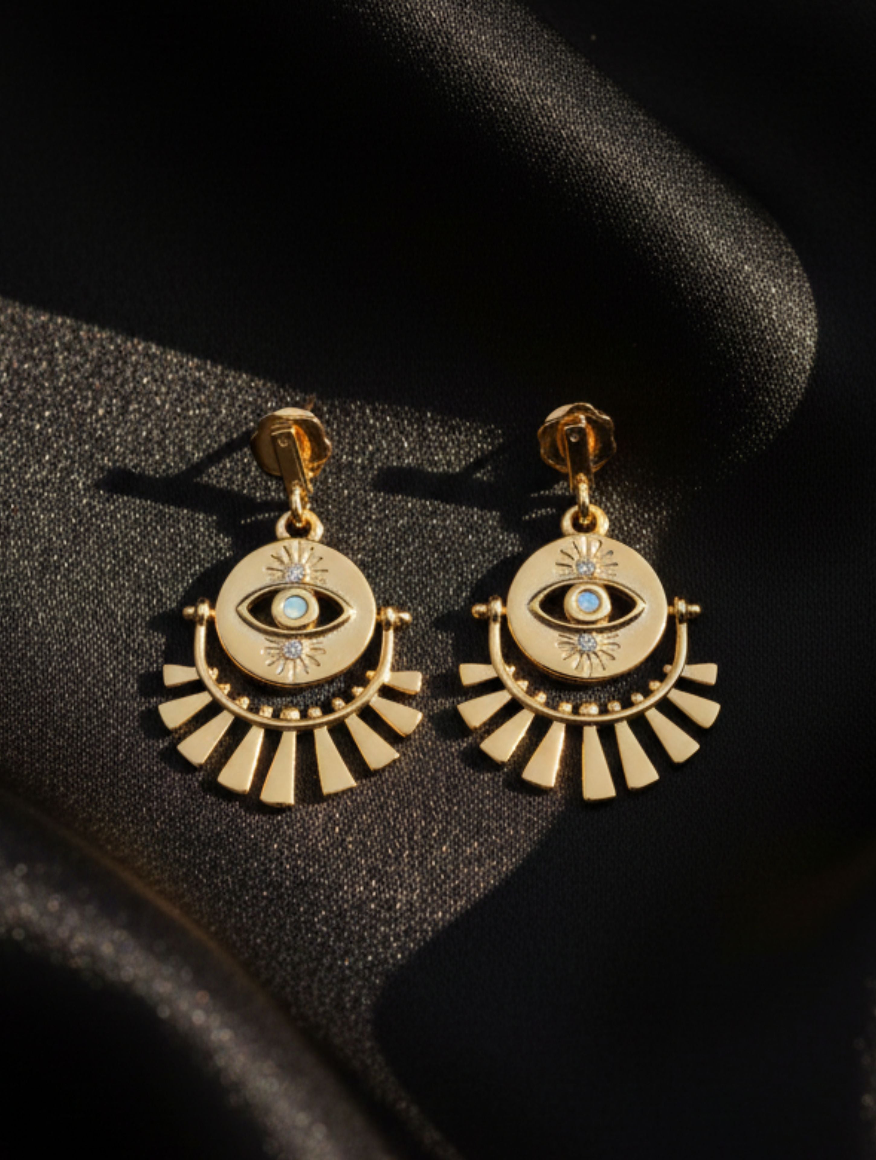 925 Sterling Silver Sunbeam Medallion Drop Earrings in Gold Plated
