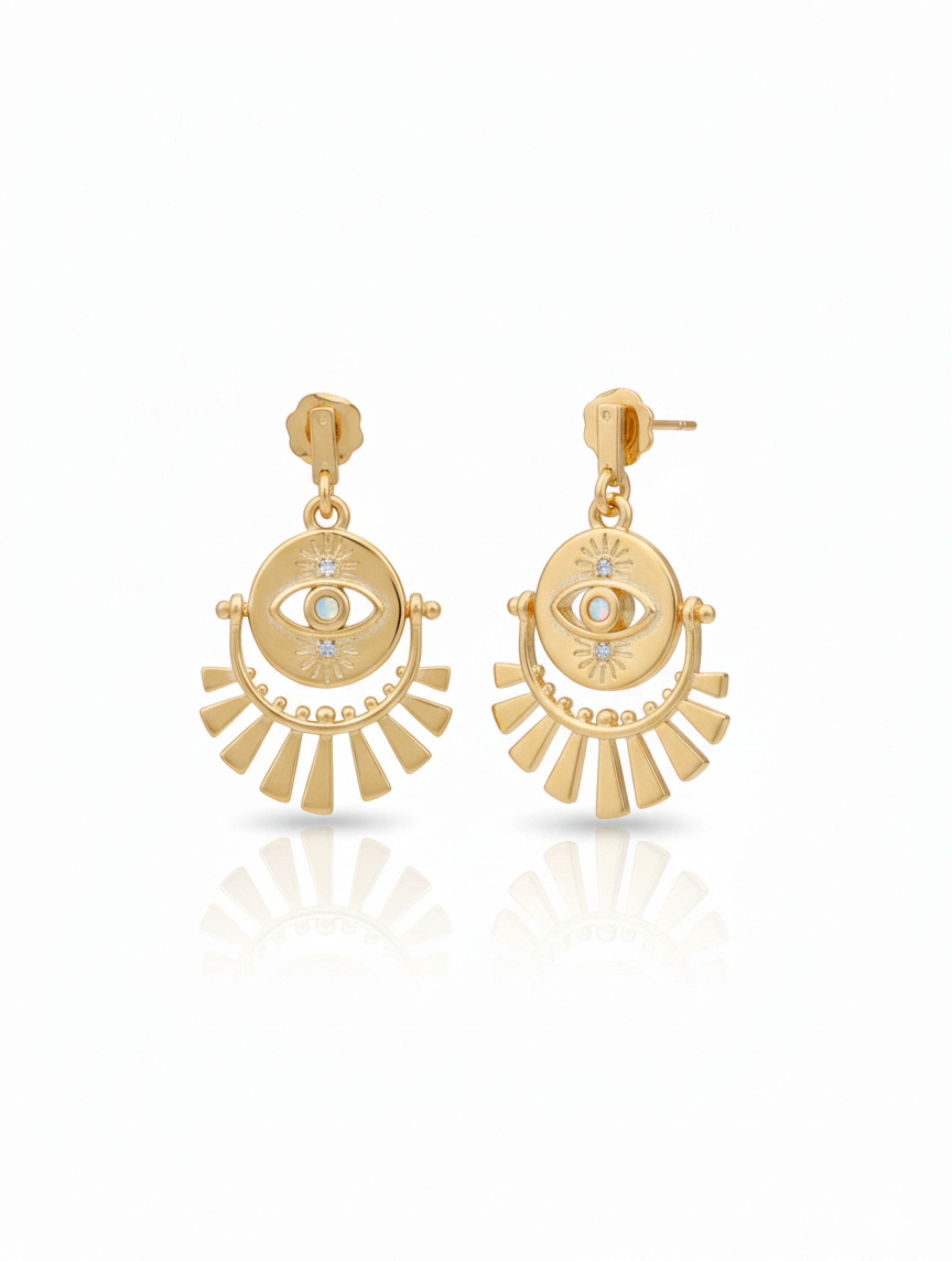 925 Sterling Silver Sunbeam Medallion Drop Earrings in Gold Plated