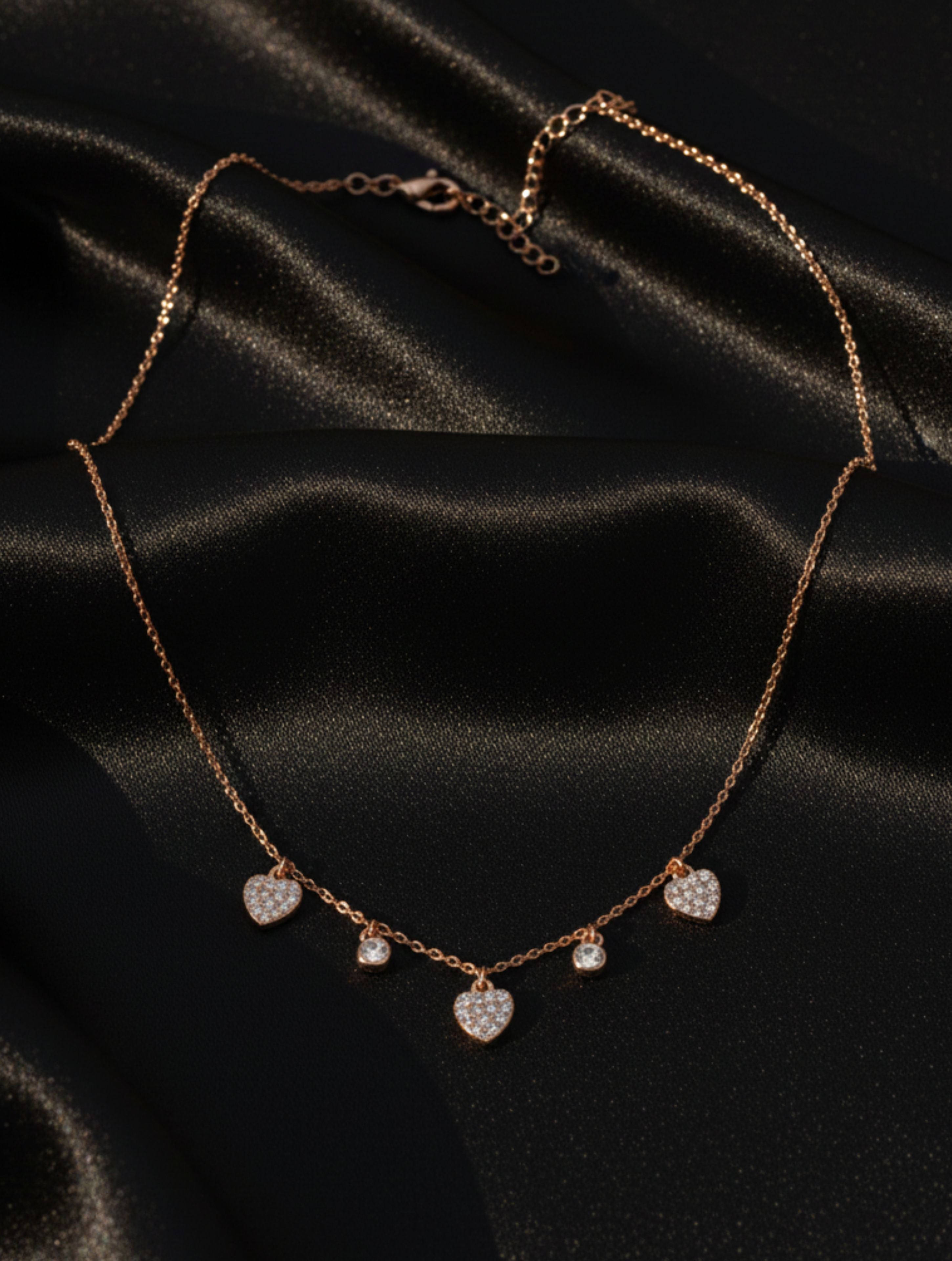 Sparkling Heart & Solitaire Dangle Necklace in 925 Sterling Silver Rose Gold Plated