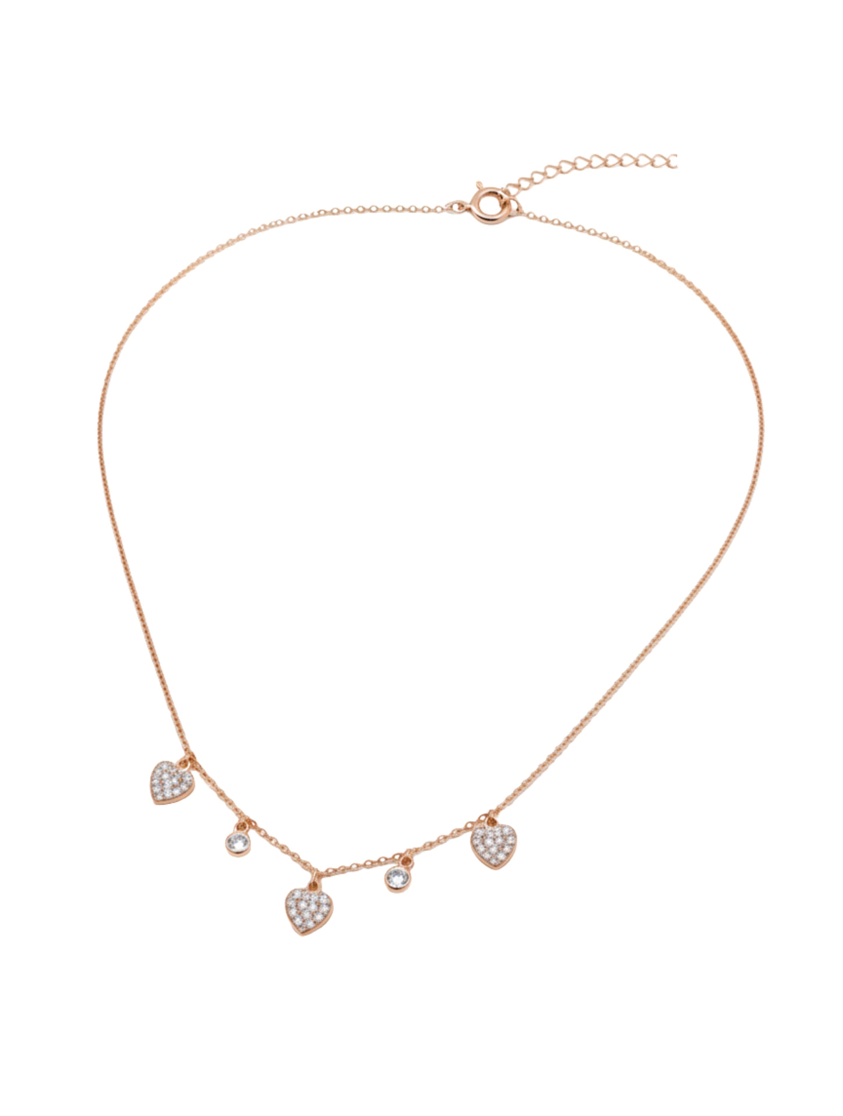 Sparkling Heart & Solitaire Dangle Necklace in 925 Sterling Silver Rose Gold Plated