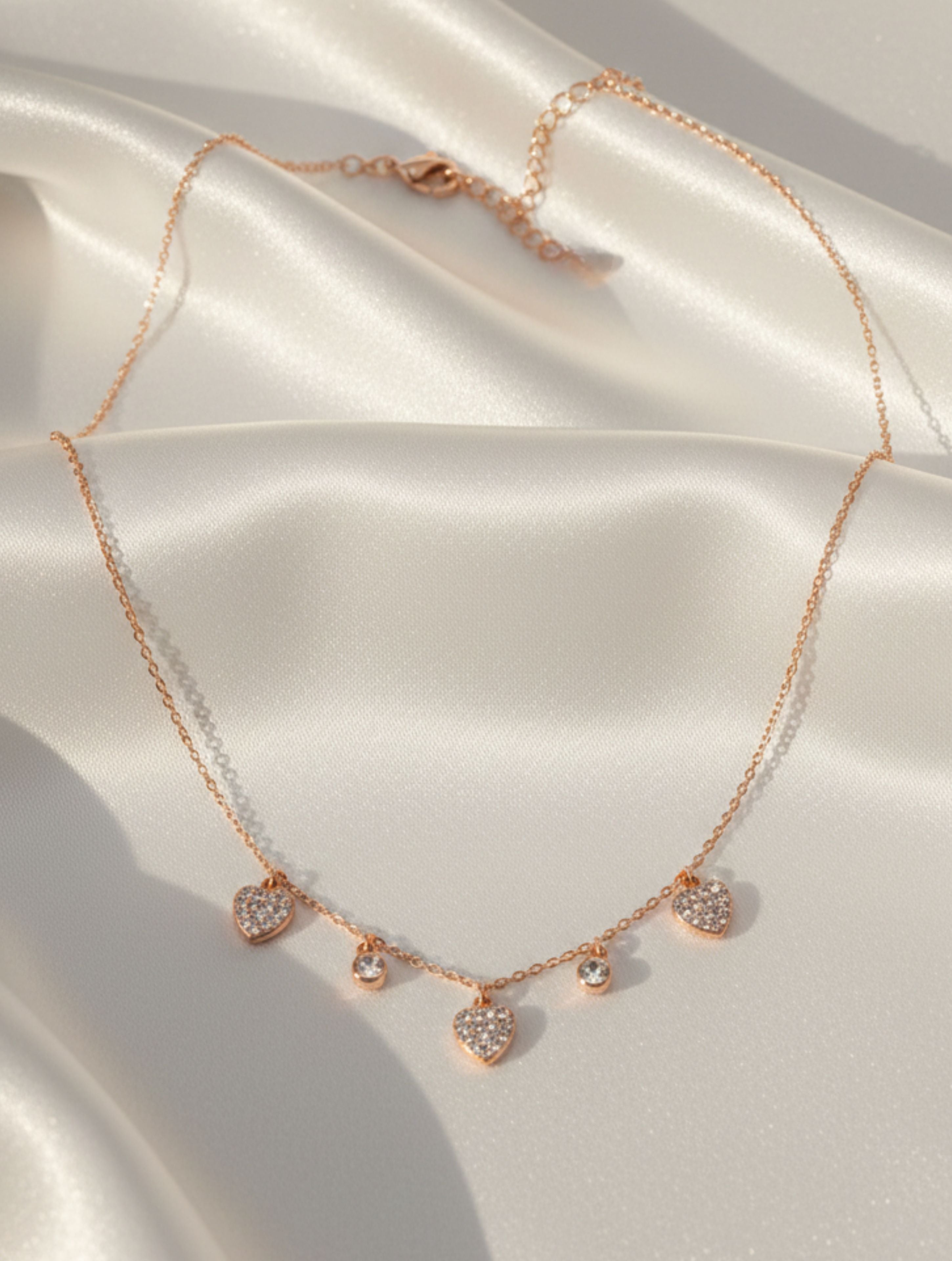 Sparkling Heart & Solitaire Dangle Necklace in 925 Sterling Silver Rose Gold Plated