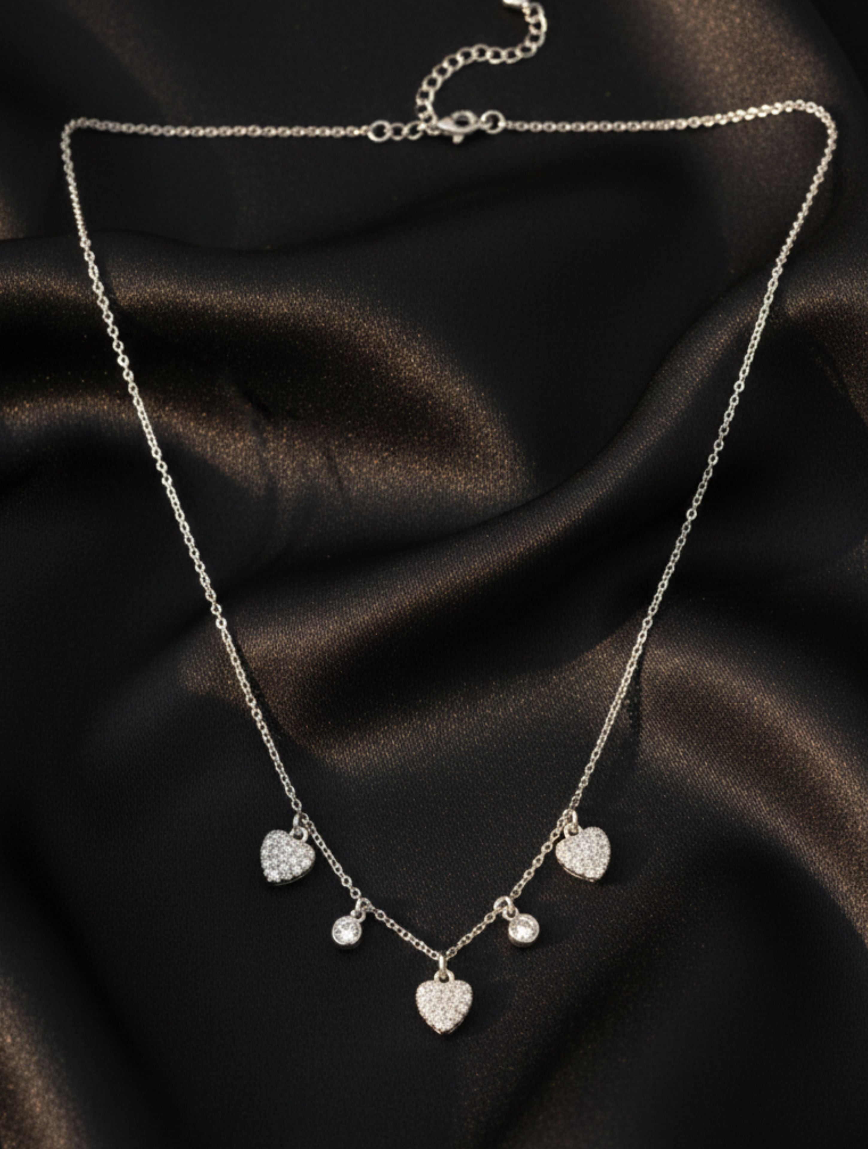 Sparkling Heart & Solitaire Dangle Necklace in 925 Sterling Silver