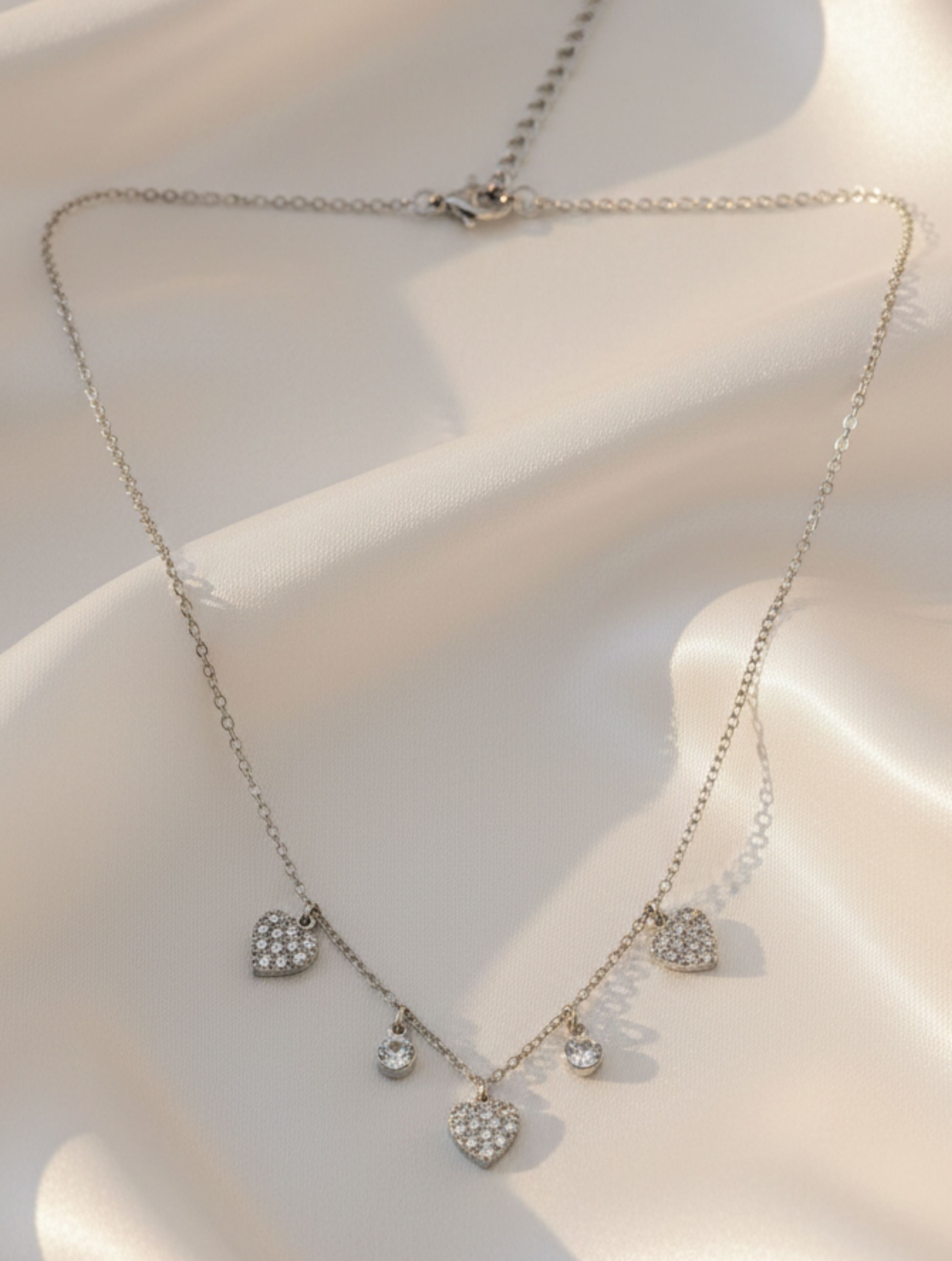 Sparkling Heart & Solitaire Dangle Necklace in 925 Sterling Silver