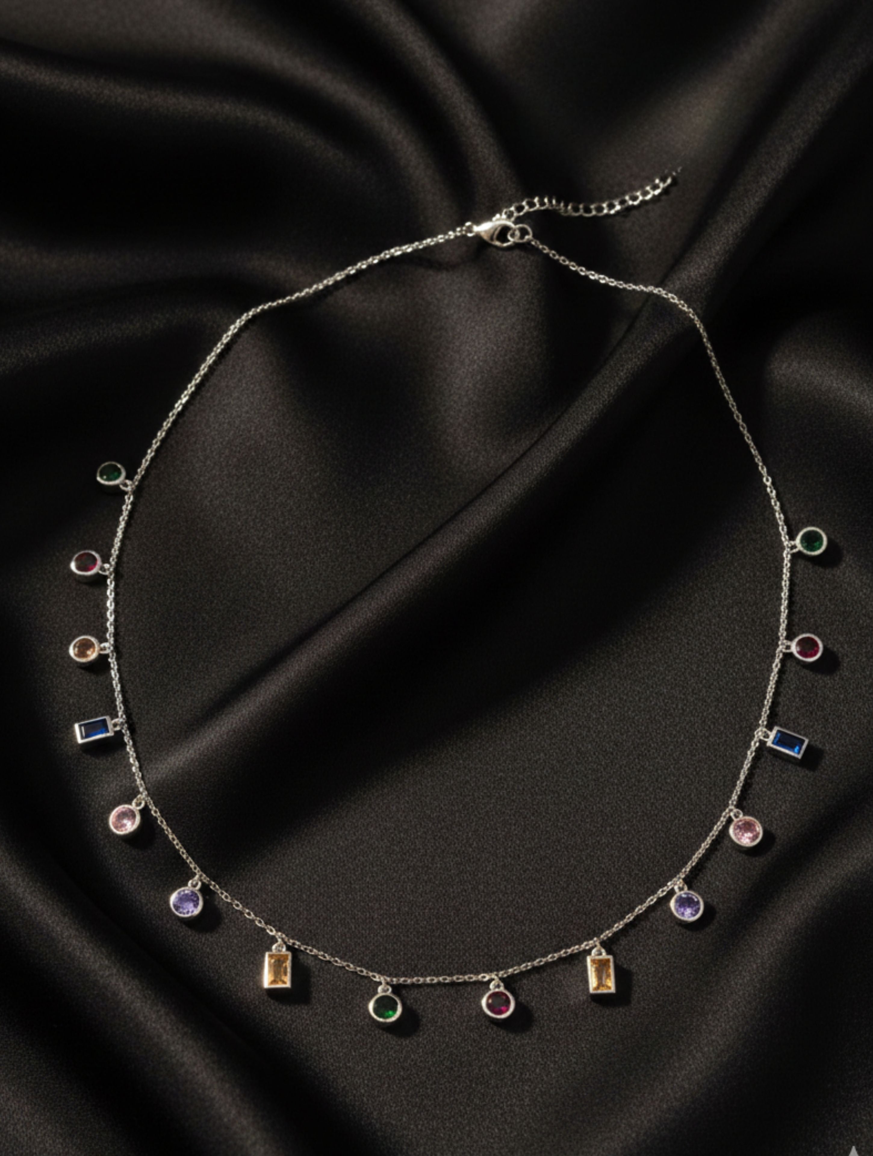 Sterling Silver Rainbow Dangle Necklace with Multi-Shape Cubic Zirconia