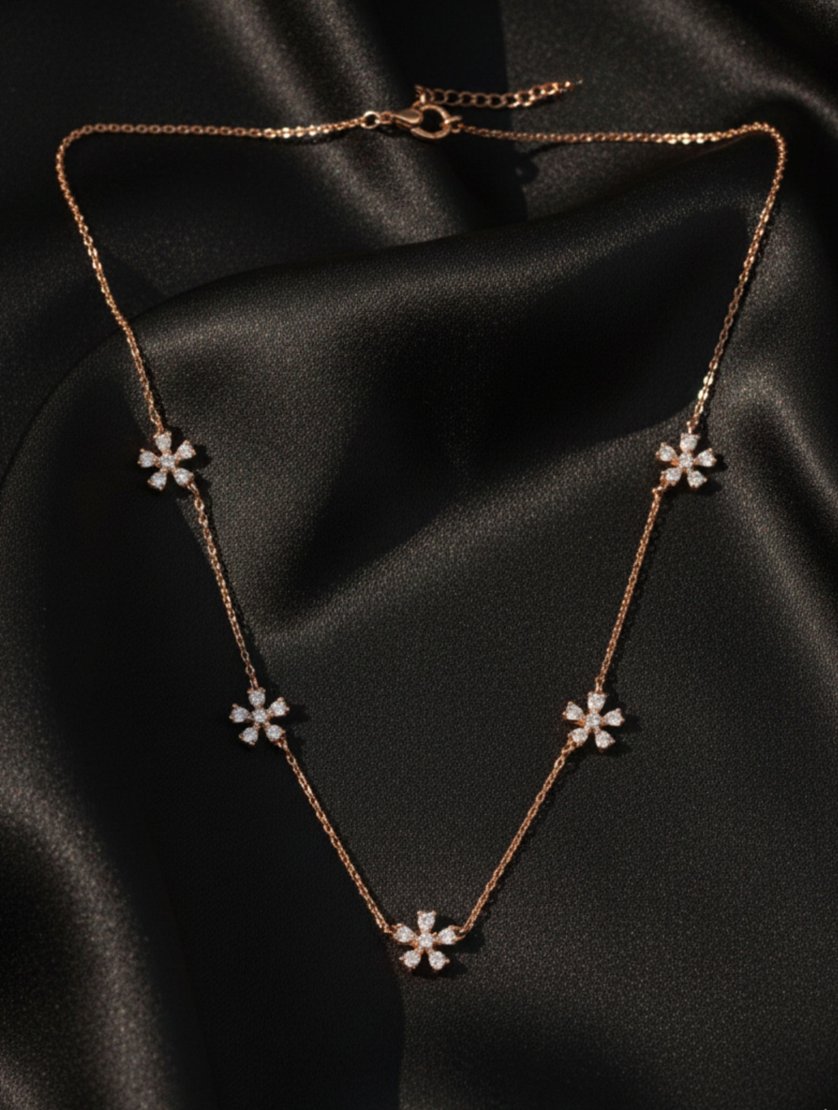 925 Sterling Silver Rose Gold Floral Station Necklace with Sparkling CZ