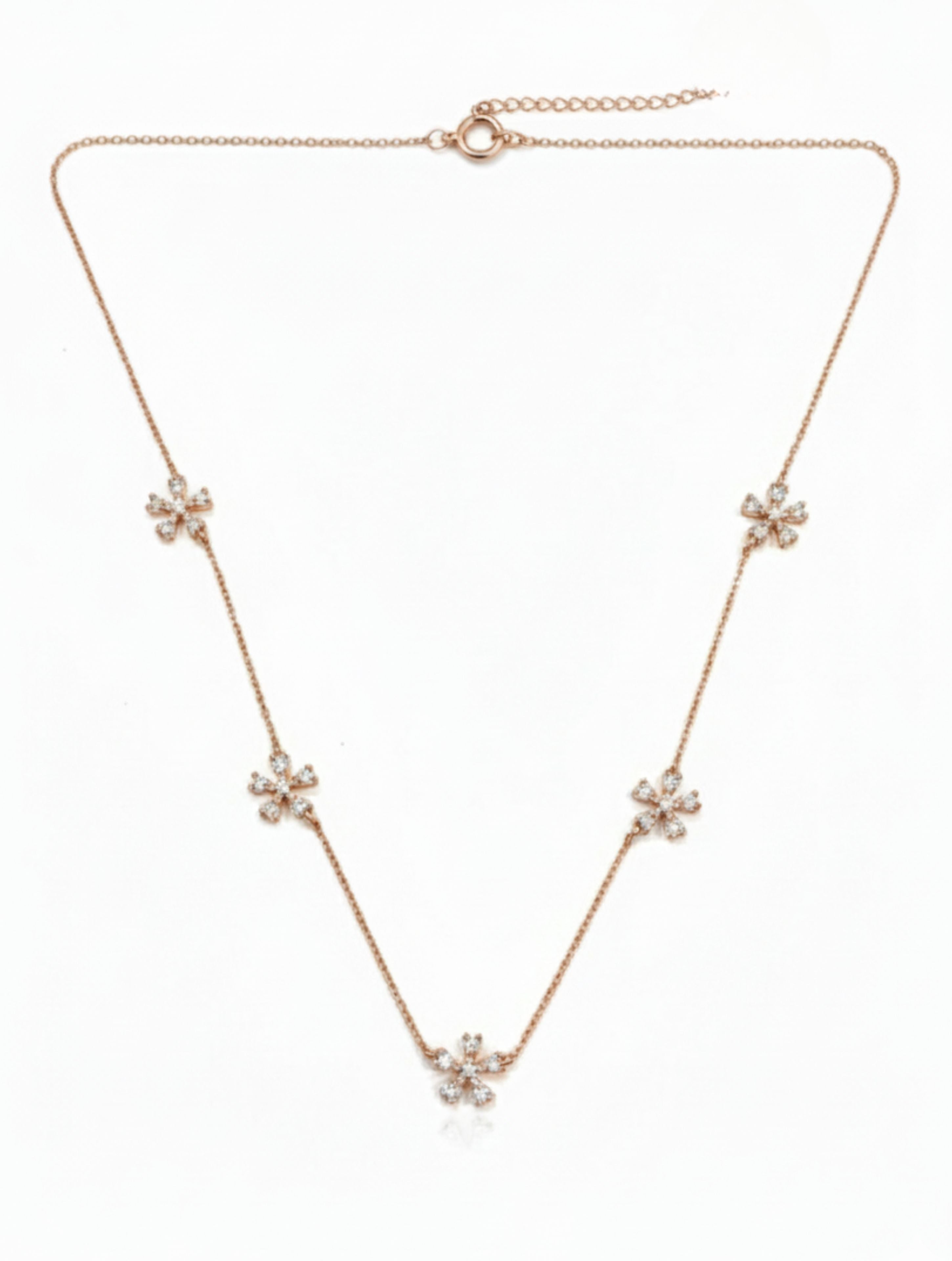 925 Sterling Silver Rose Gold Floral Station Necklace with Sparkling CZ