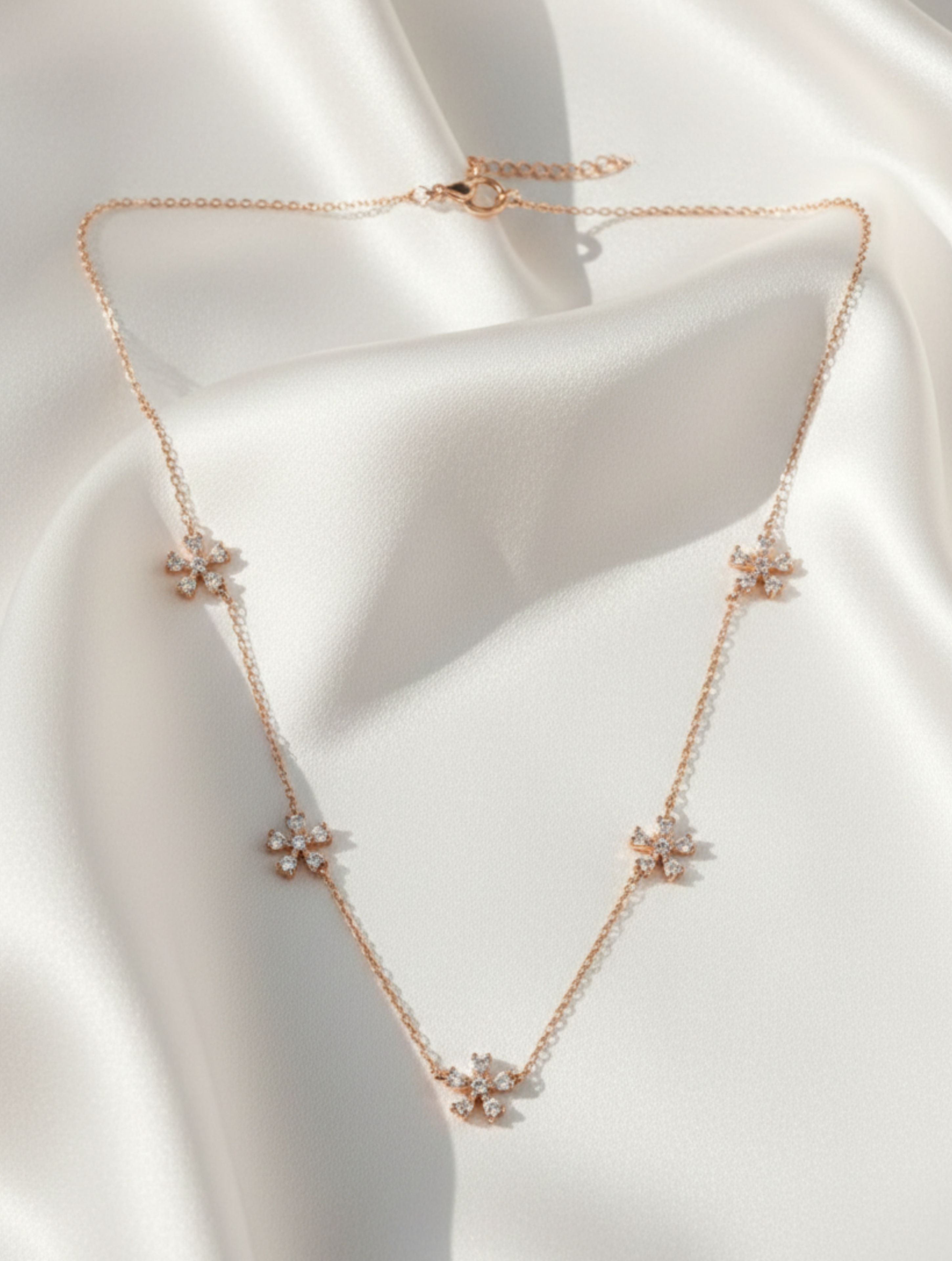 925 Sterling Silver Rose Gold Floral Station Necklace with Sparkling CZ