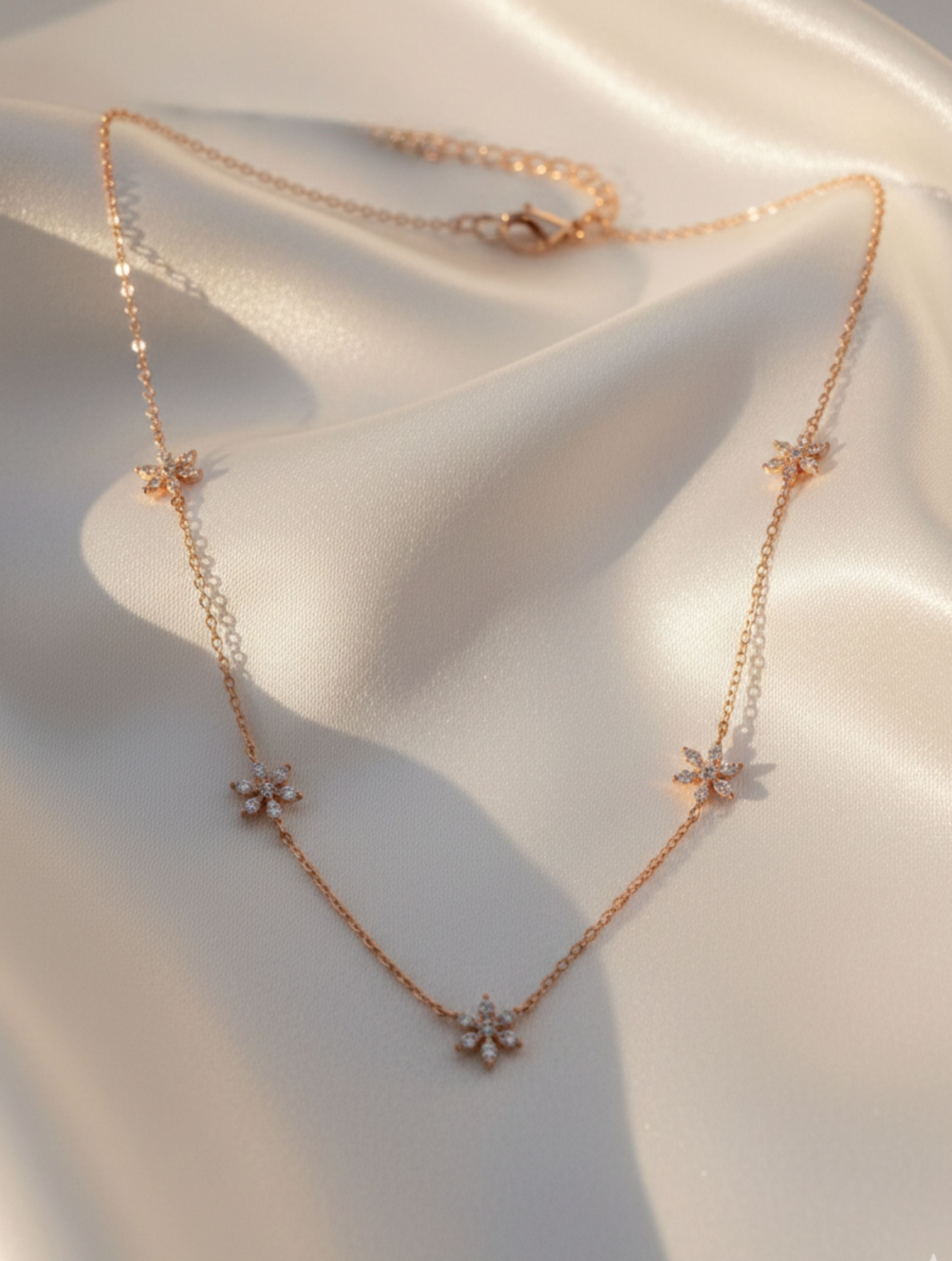 925 Sterling Silver Rose Gold Floral Station Necklace with Sparkling CZ