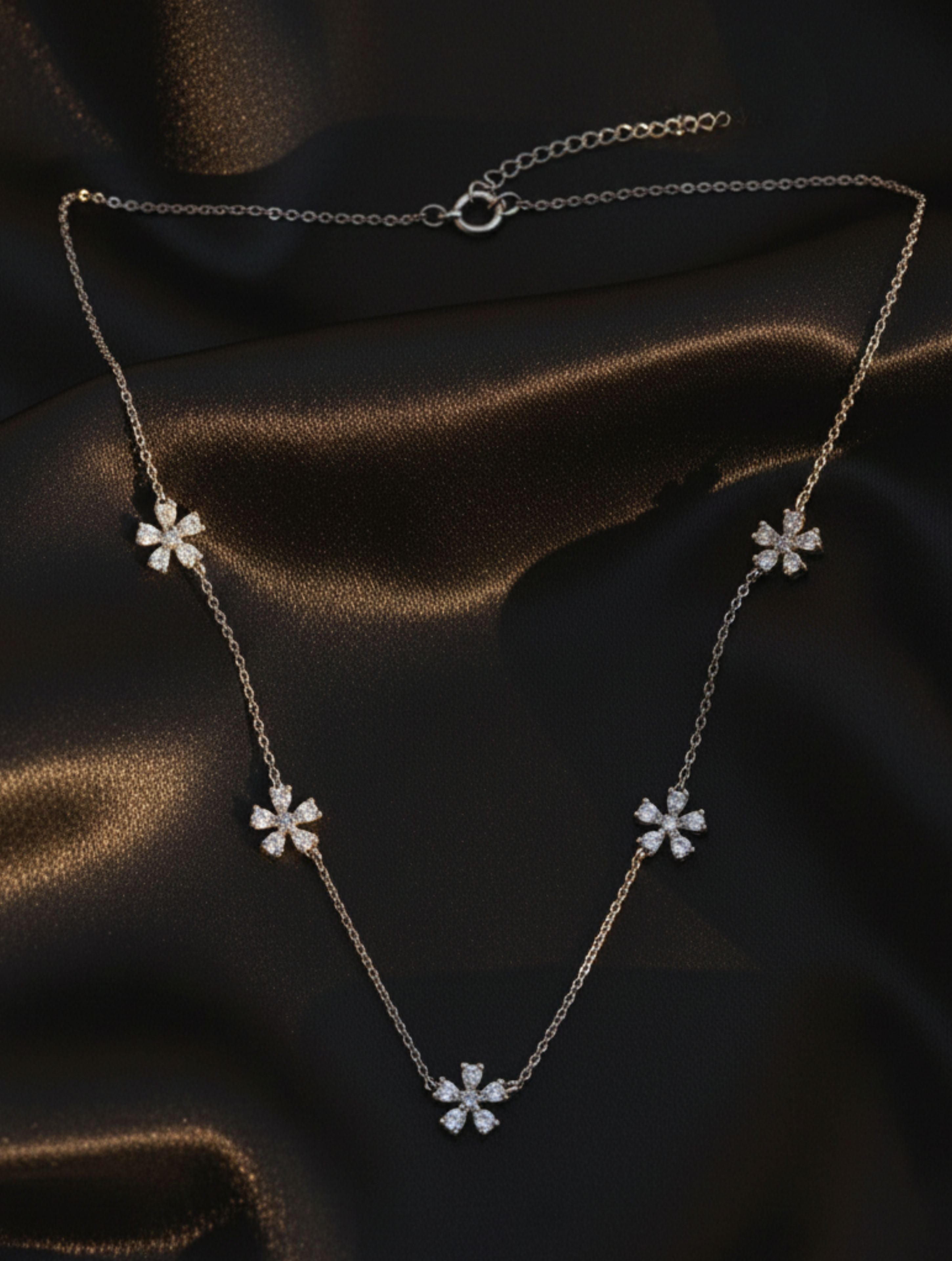 Sparkling Five-Flower Blossom Station Necklace in 925 Sterling Silver