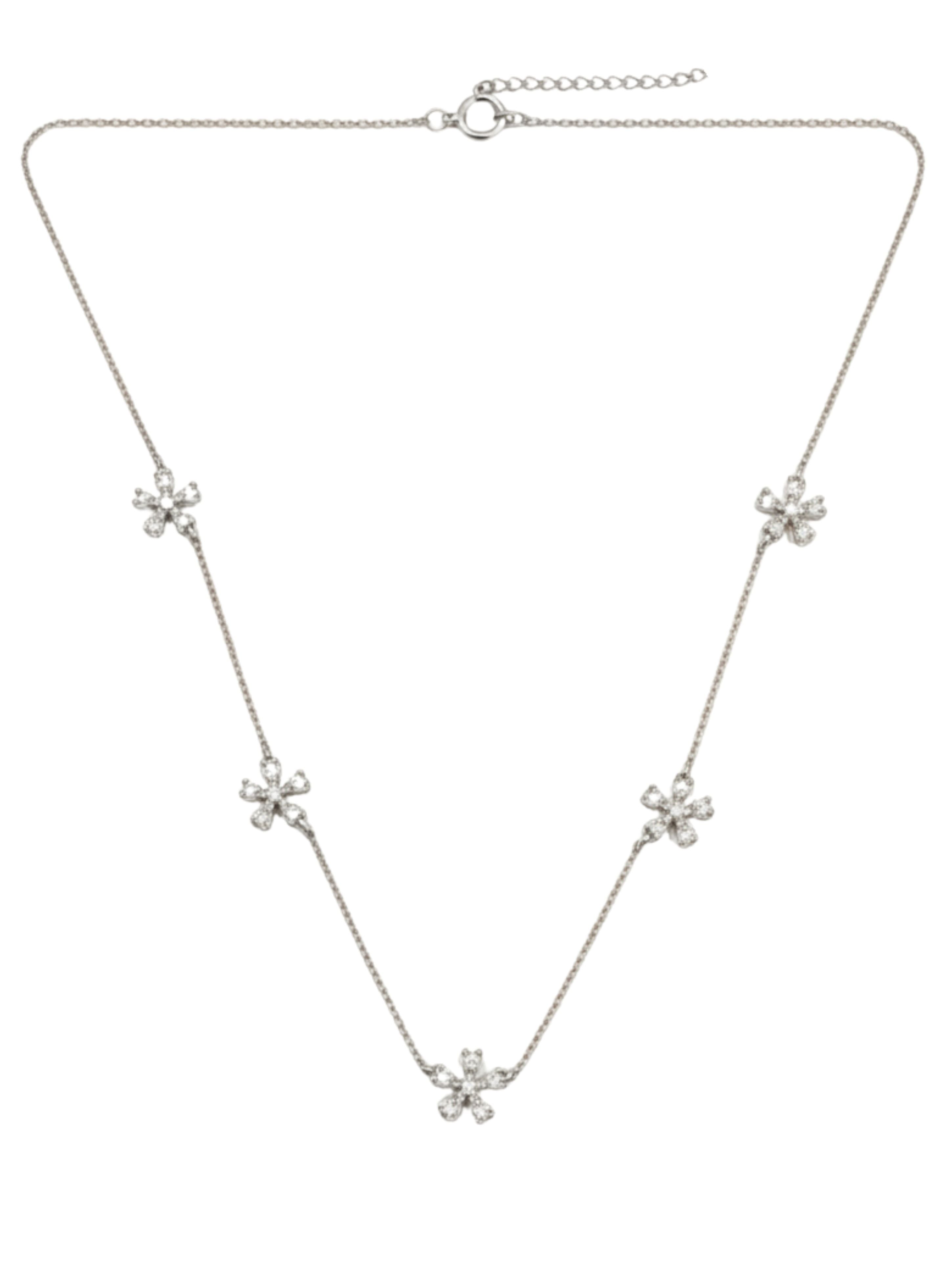 Sparkling Five-Flower Blossom Station Necklace in 925 Sterling Silver