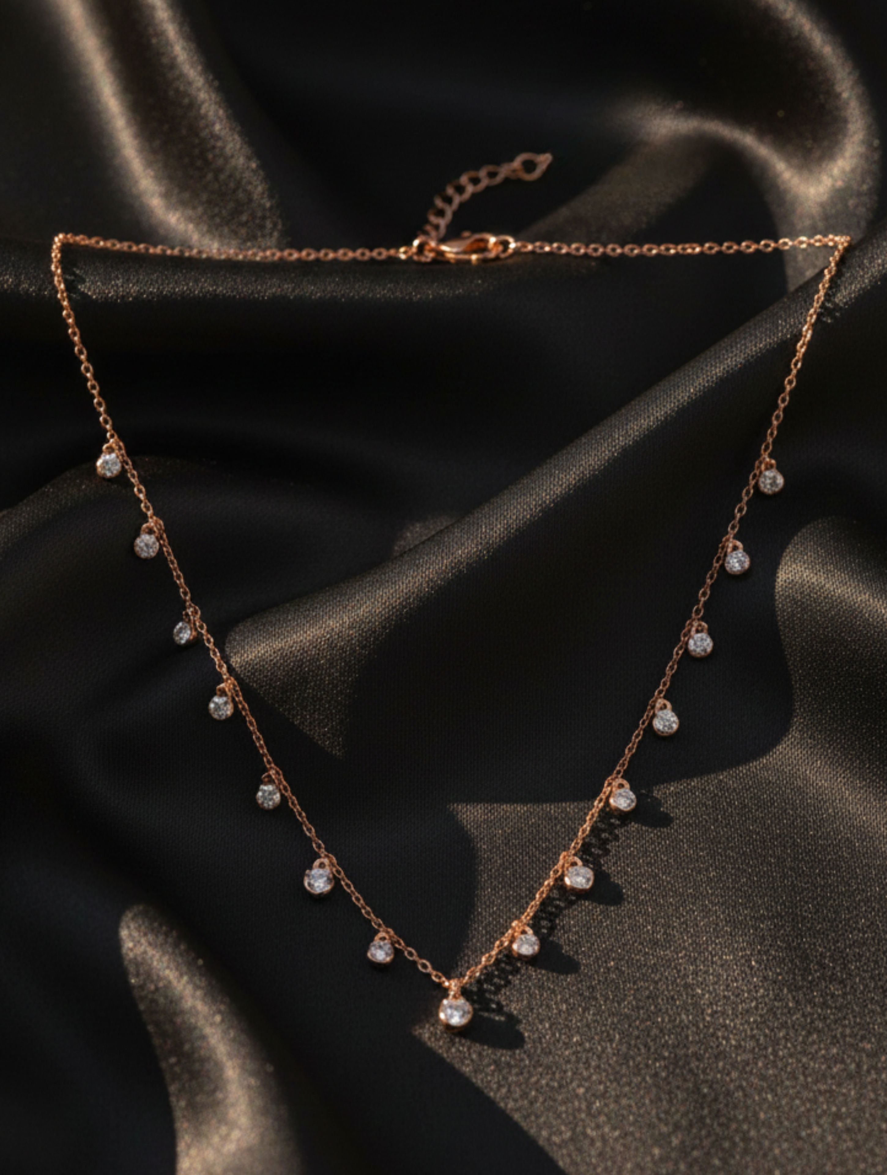 Sparkling Heart & Solitaire Dangle Necklace in Rose Gold over Sterling Silver