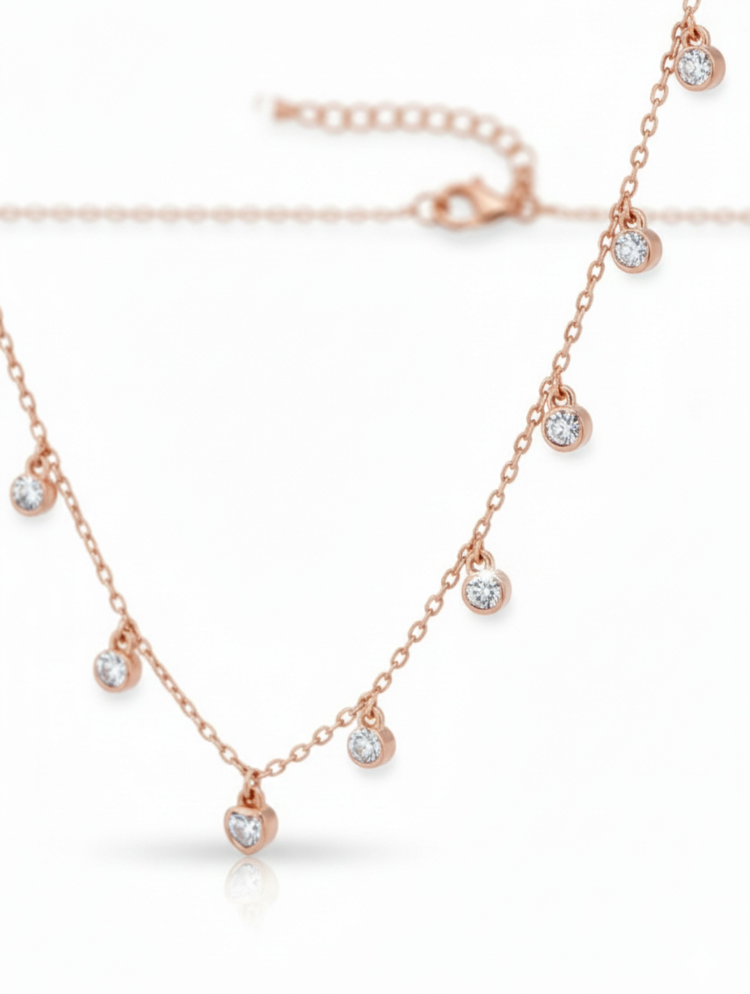 Sparkling Heart & Solitaire Dangle Necklace in Rose Gold over Sterling Silver