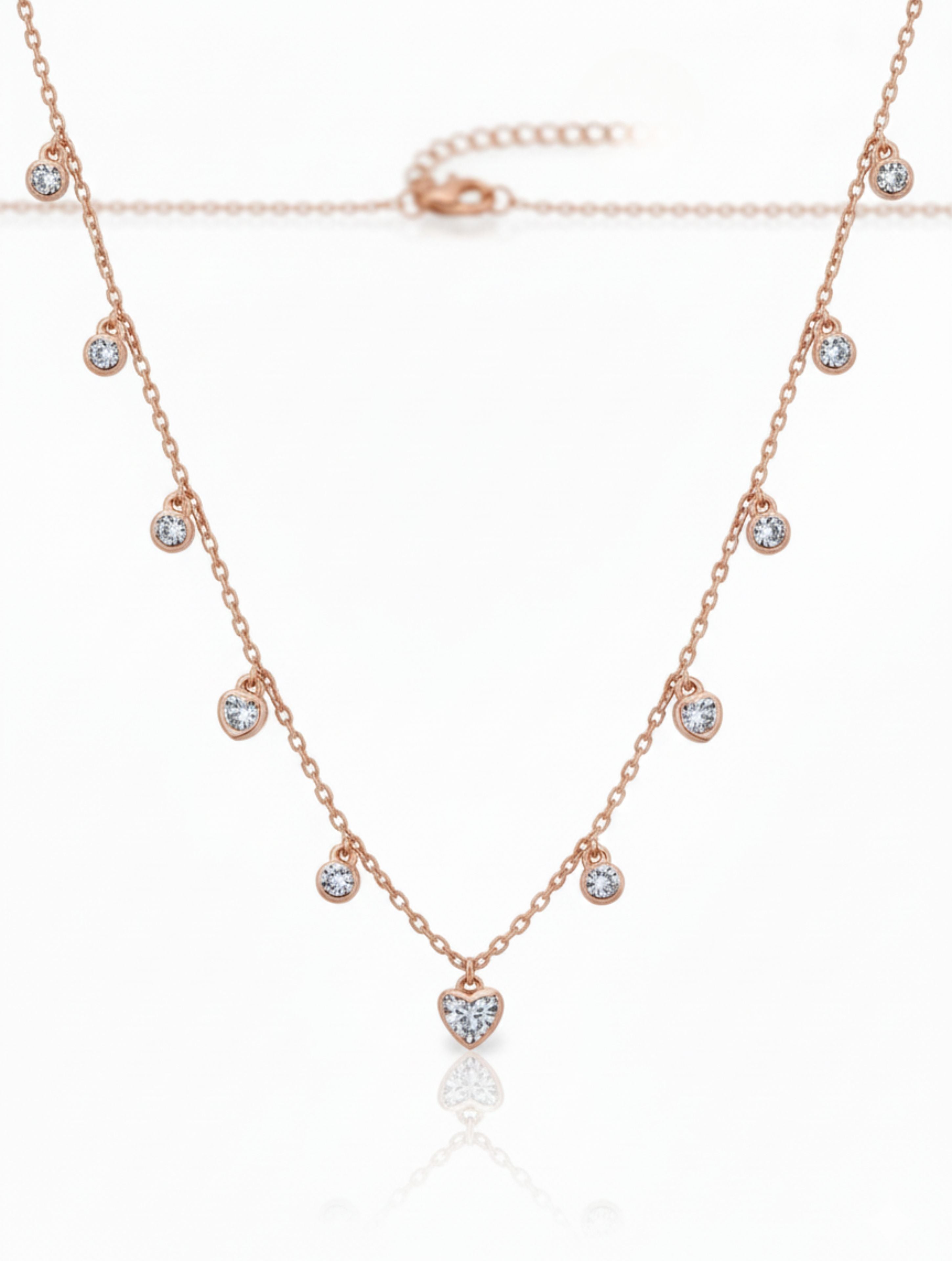 Sparkling Heart & Solitaire Dangle Necklace in Rose Gold over Sterling Silver