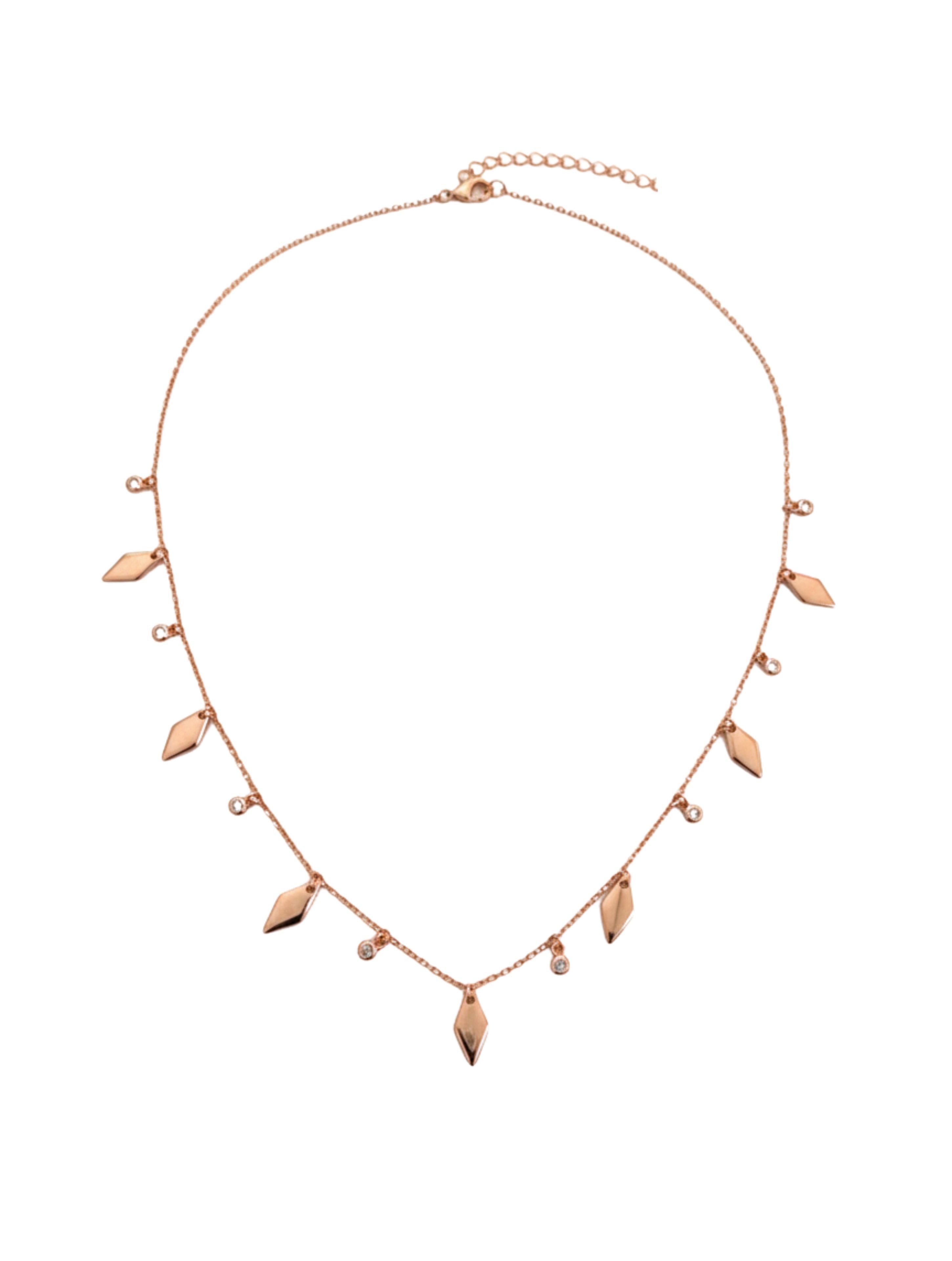 925 Sterling Silver Rose Gold Dangle Necklace – Geometric Rhombus & Cubic Zirconia Charm Drop Necklace