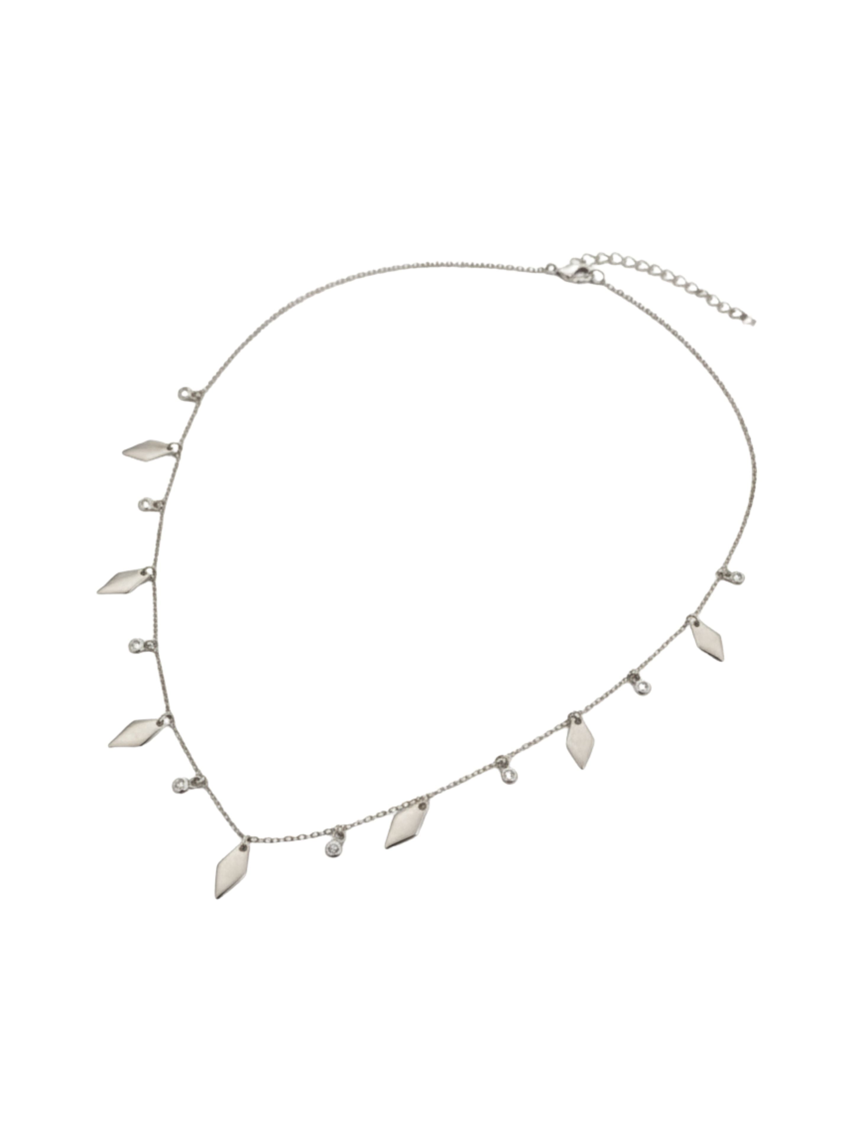 925 Sterling Silver Geometric Rhombus & CZ Station Fringe Necklace