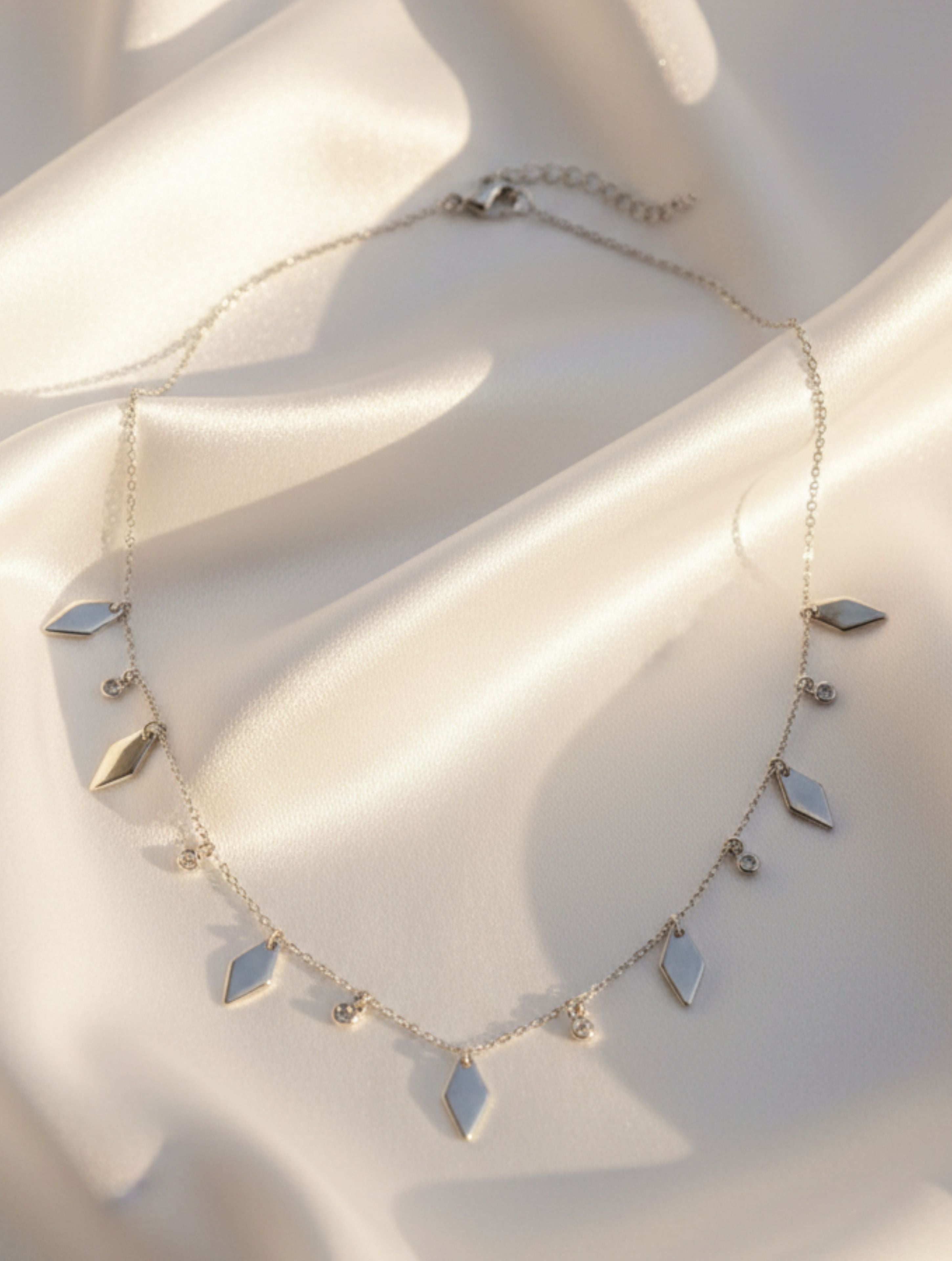 925 Sterling Silver Geometric Rhombus & CZ Station Fringe Necklace