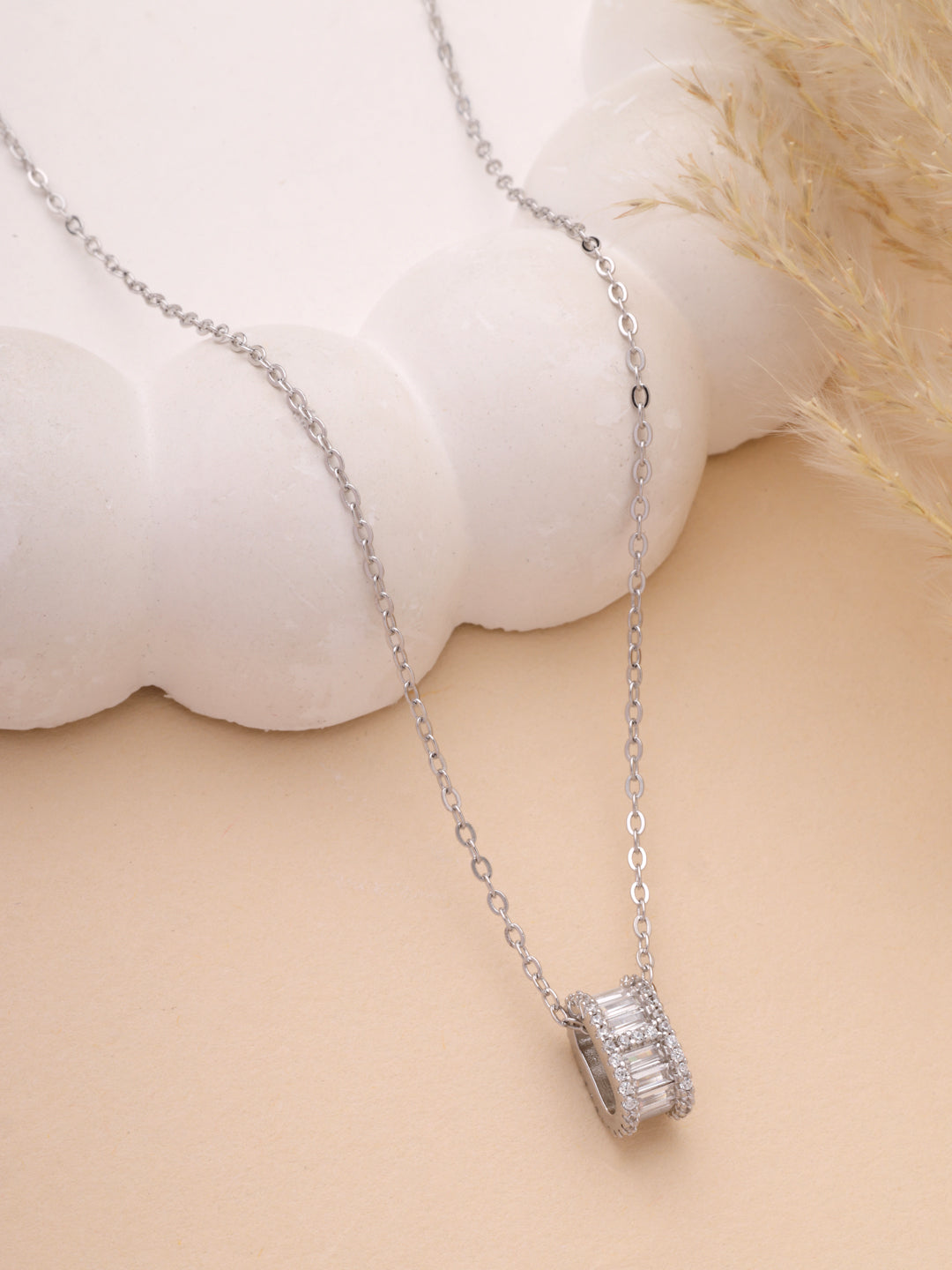 925 Sterling Silver Baguette Barrel Pendant Necklace in Rhodium-Plated
