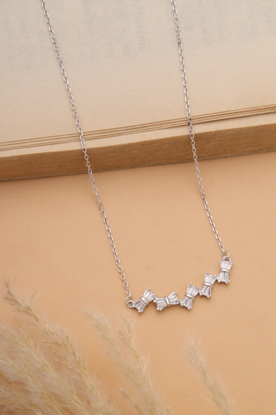 925 Sterling Silver Bow-Tie Baguette Bar Pendant Necklace