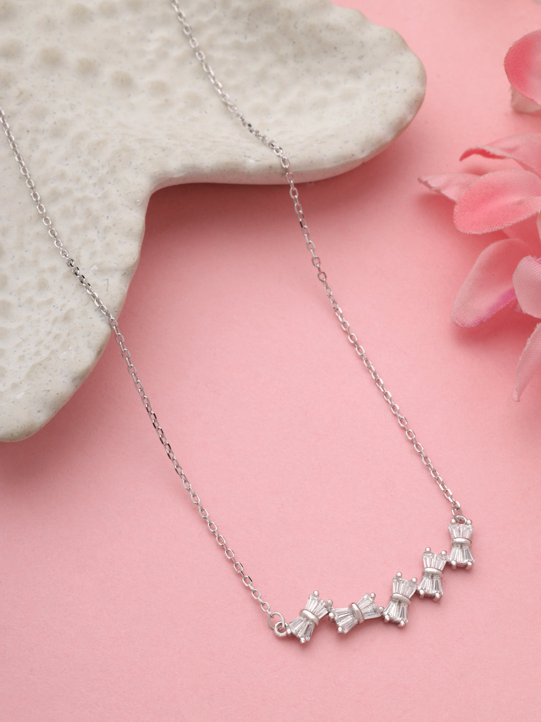 925 Sterling Silver Bow-Tie Baguette Bar Pendant Necklace