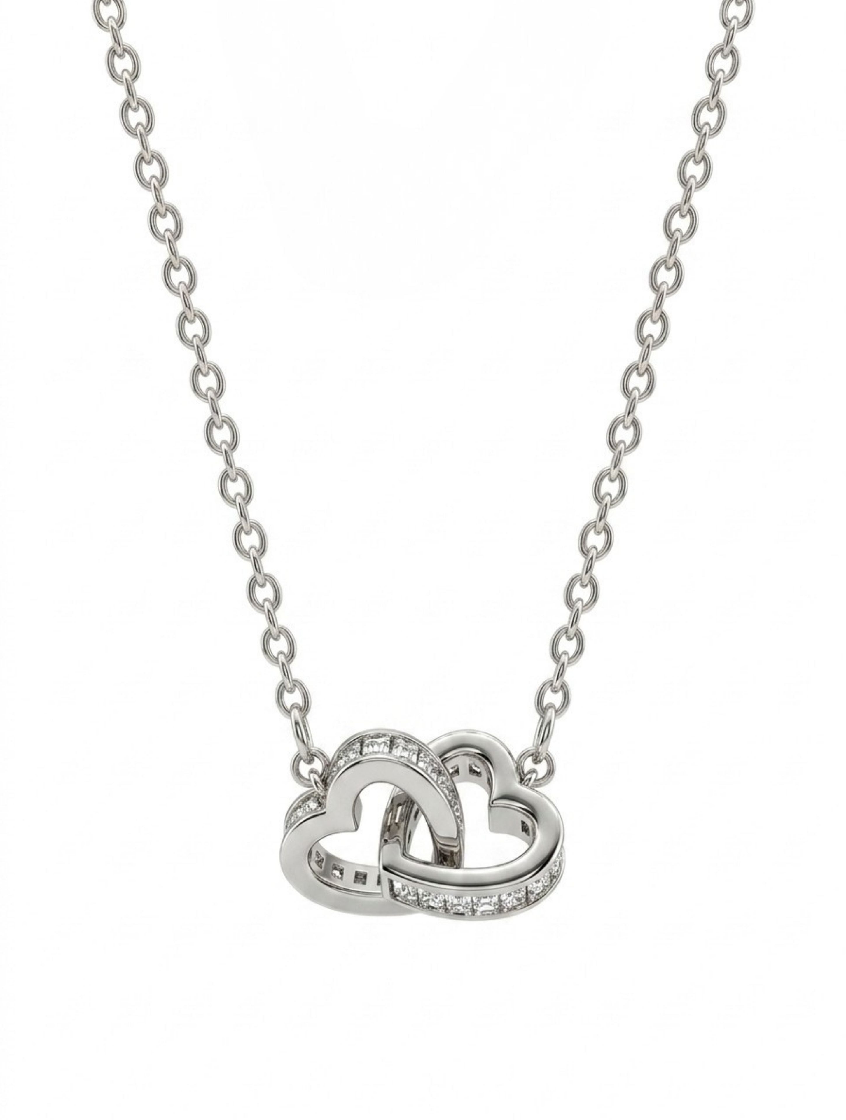 925 Sterling Silver Interlocking Double Heart Pendant Necklace in Rhodium Plating