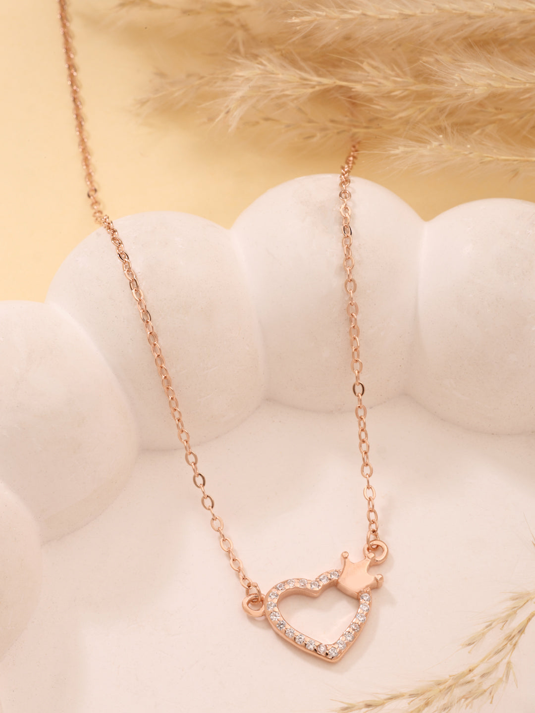 Rose Gold Plated Heart & Crown Pendant Necklace in 925 Sterling Silver