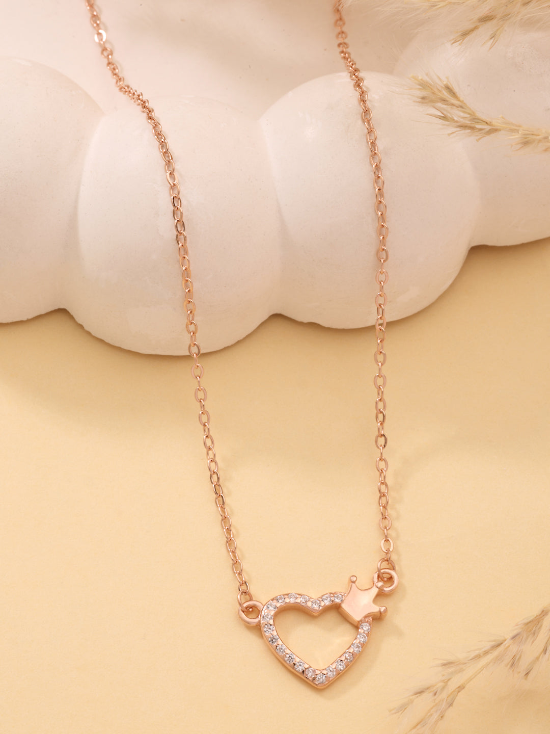 Rose Gold Plated Heart & Crown Pendant Necklace in 925 Sterling Silver