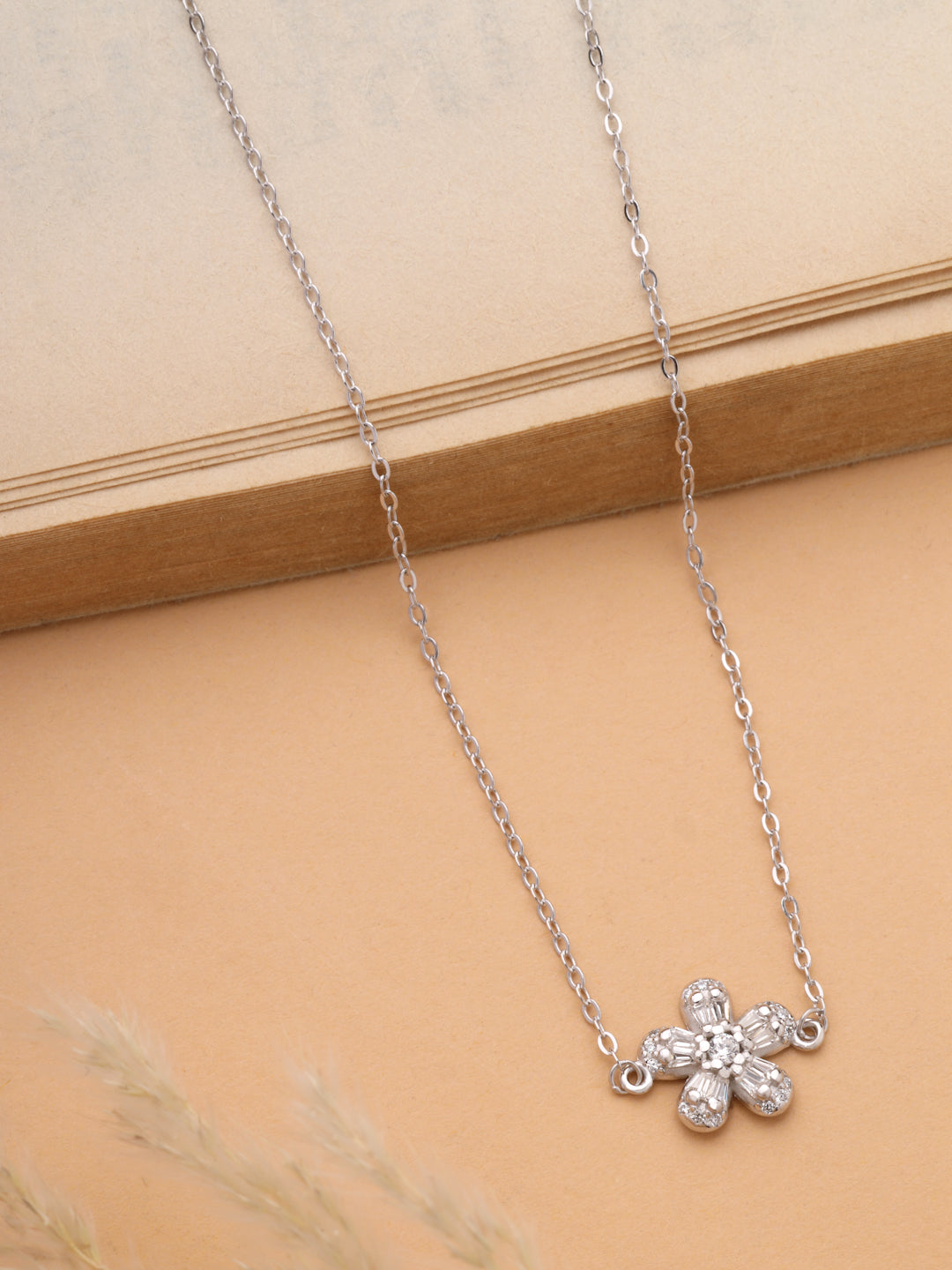 925 Sterling Silver Rhodium-Plated Flower Pendant Necklace with Chain
