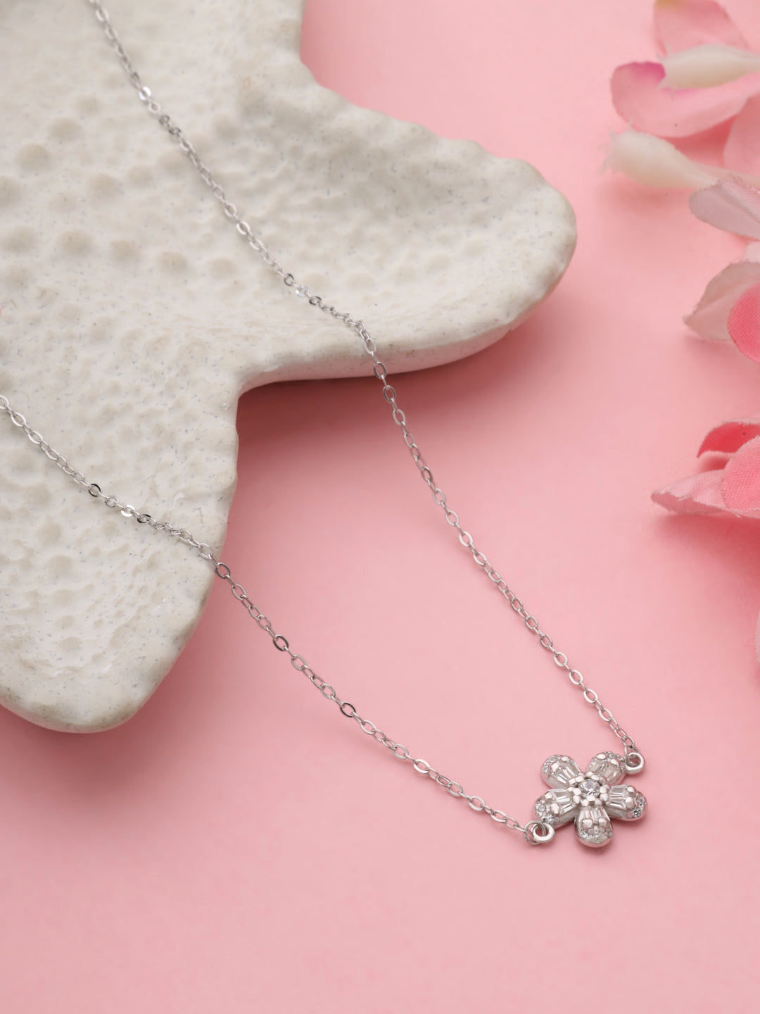 925 Sterling Silver Rhodium-Plated Flower Pendant Necklace with Chain
