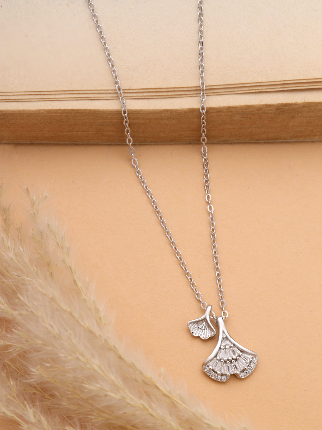 925 Sterling Silver Ginkgo Leaf Pendant Necklace in Rhodium-Plated
