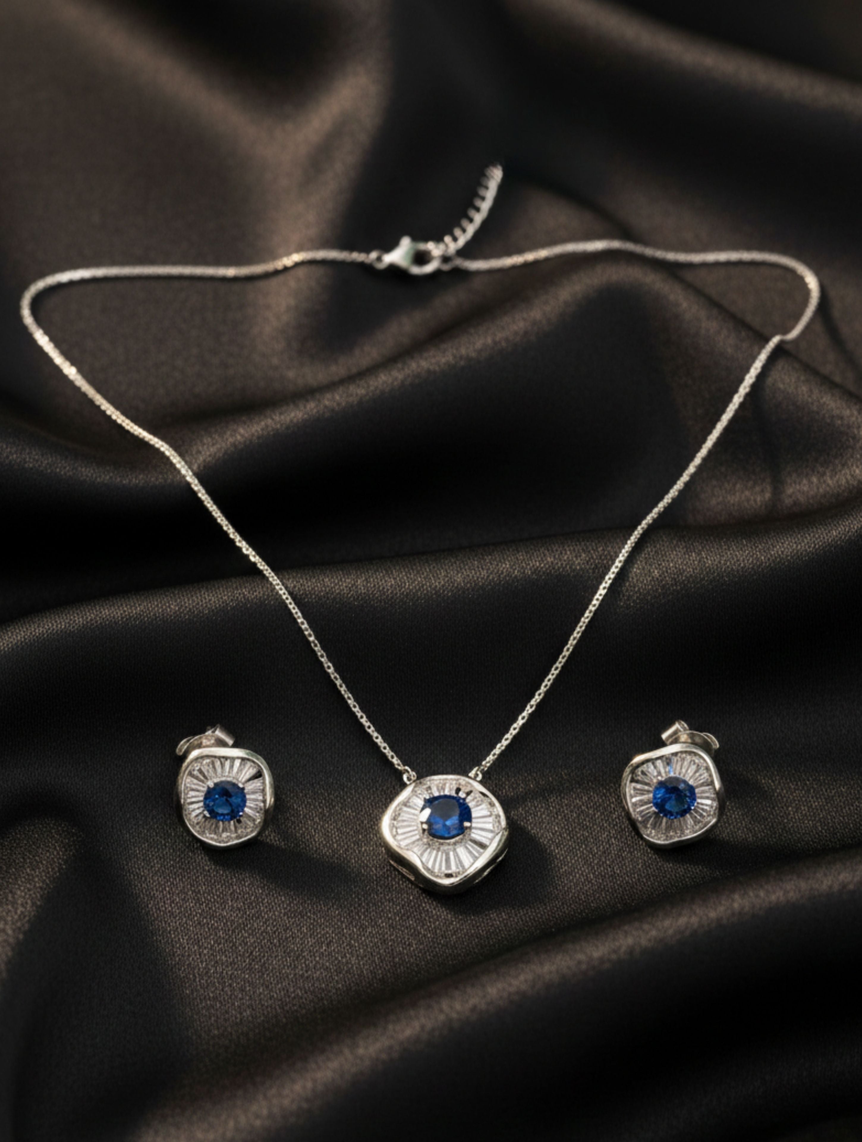 925 Sterling Silver Blue Stone Halo Pendant and Earring
