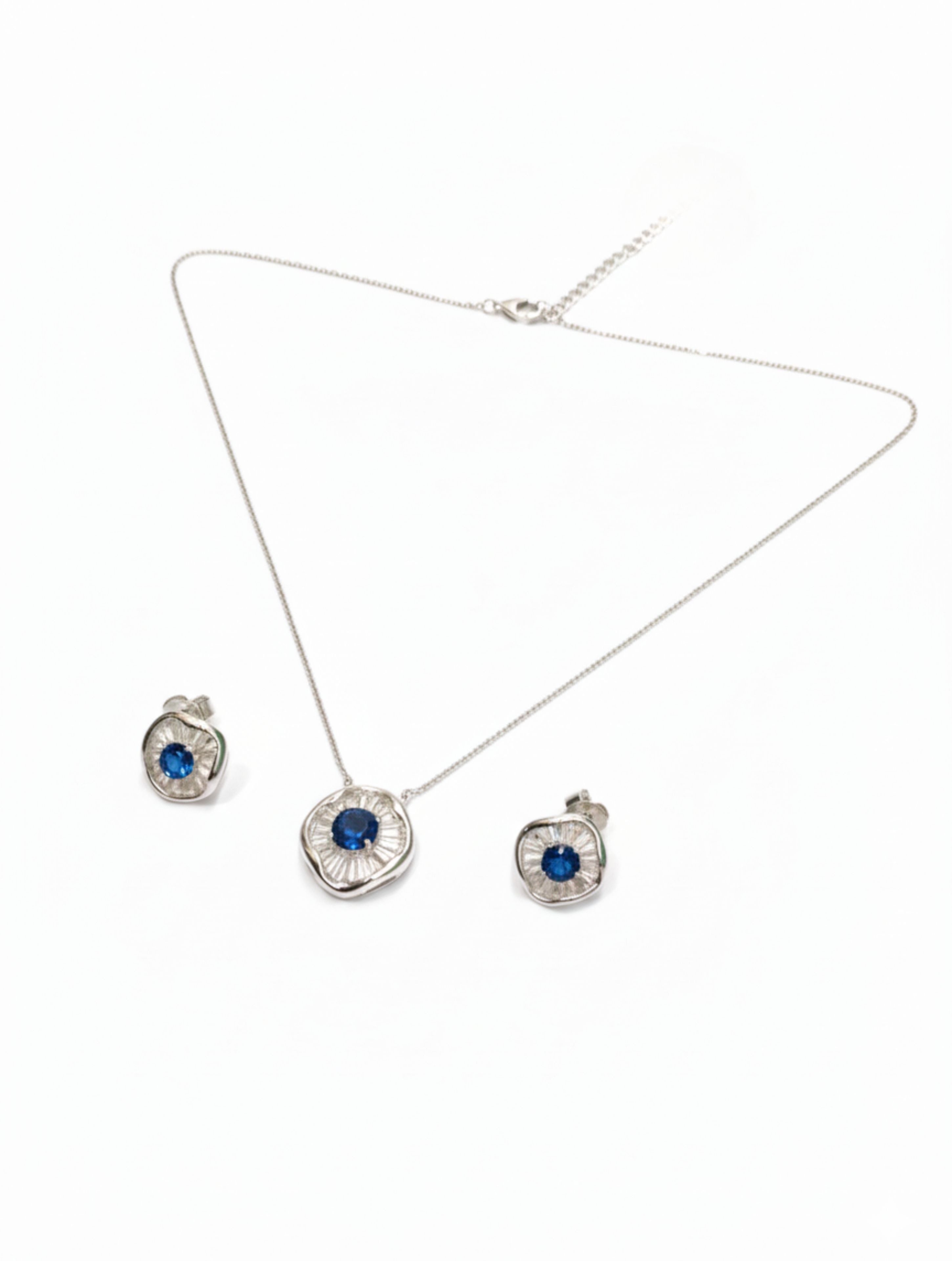 925 Sterling Silver Blue Stone Halo Pendant and Earring
