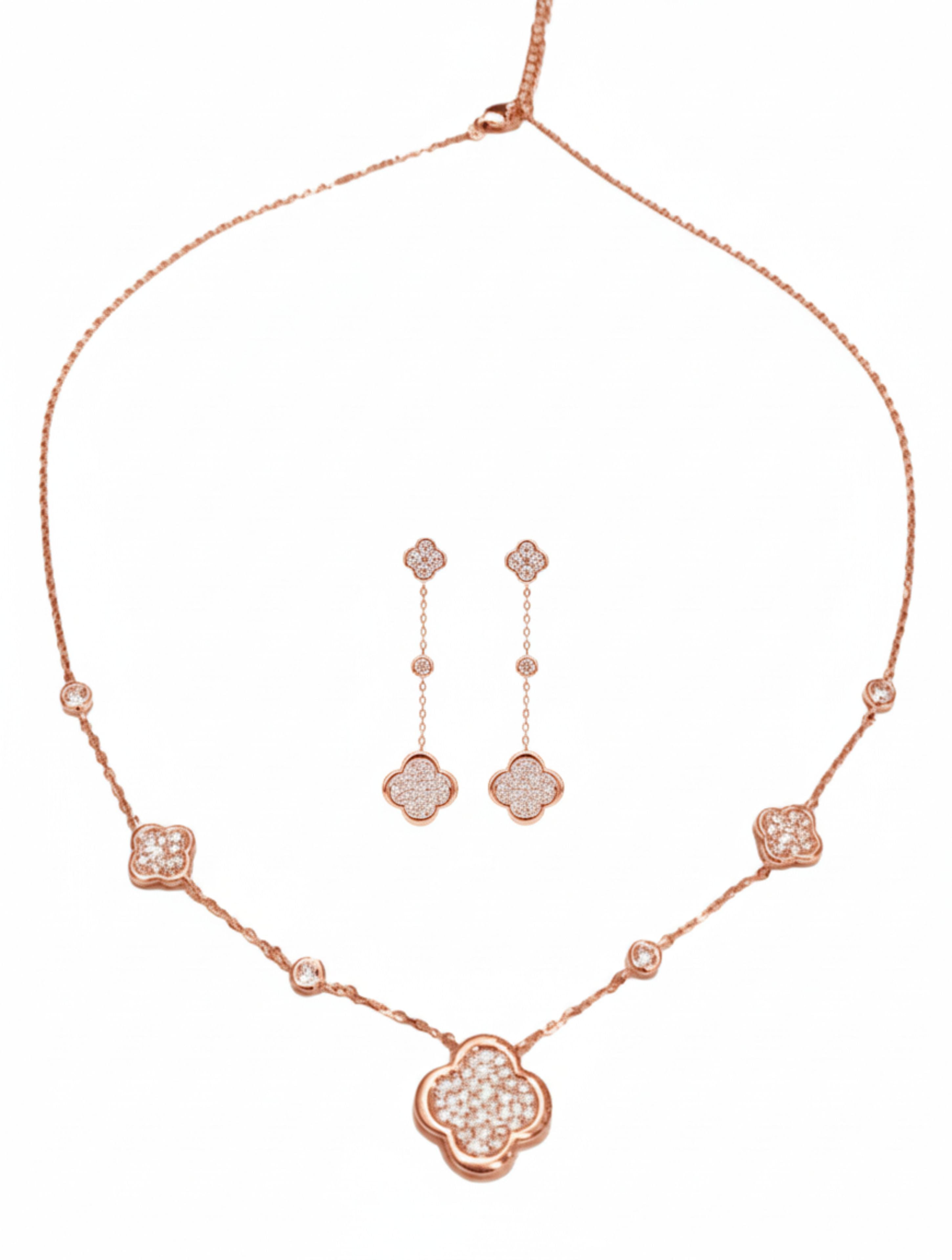 925 Sterling Silver Clover Pavé Necklace & Drop Earring Set in Rose Gold