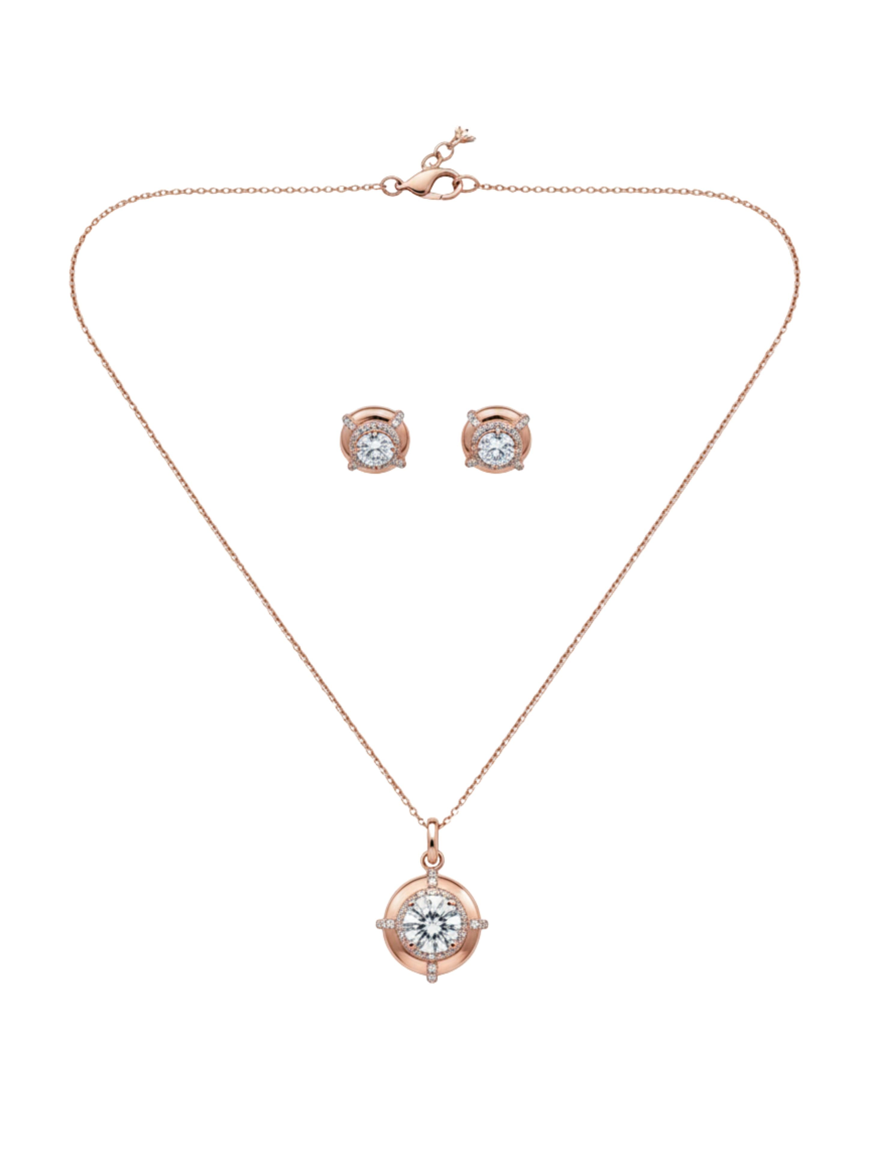 Rose Gold Halo Solitaire Necklace & Stud Earrings Set in 925 Sterling Silver