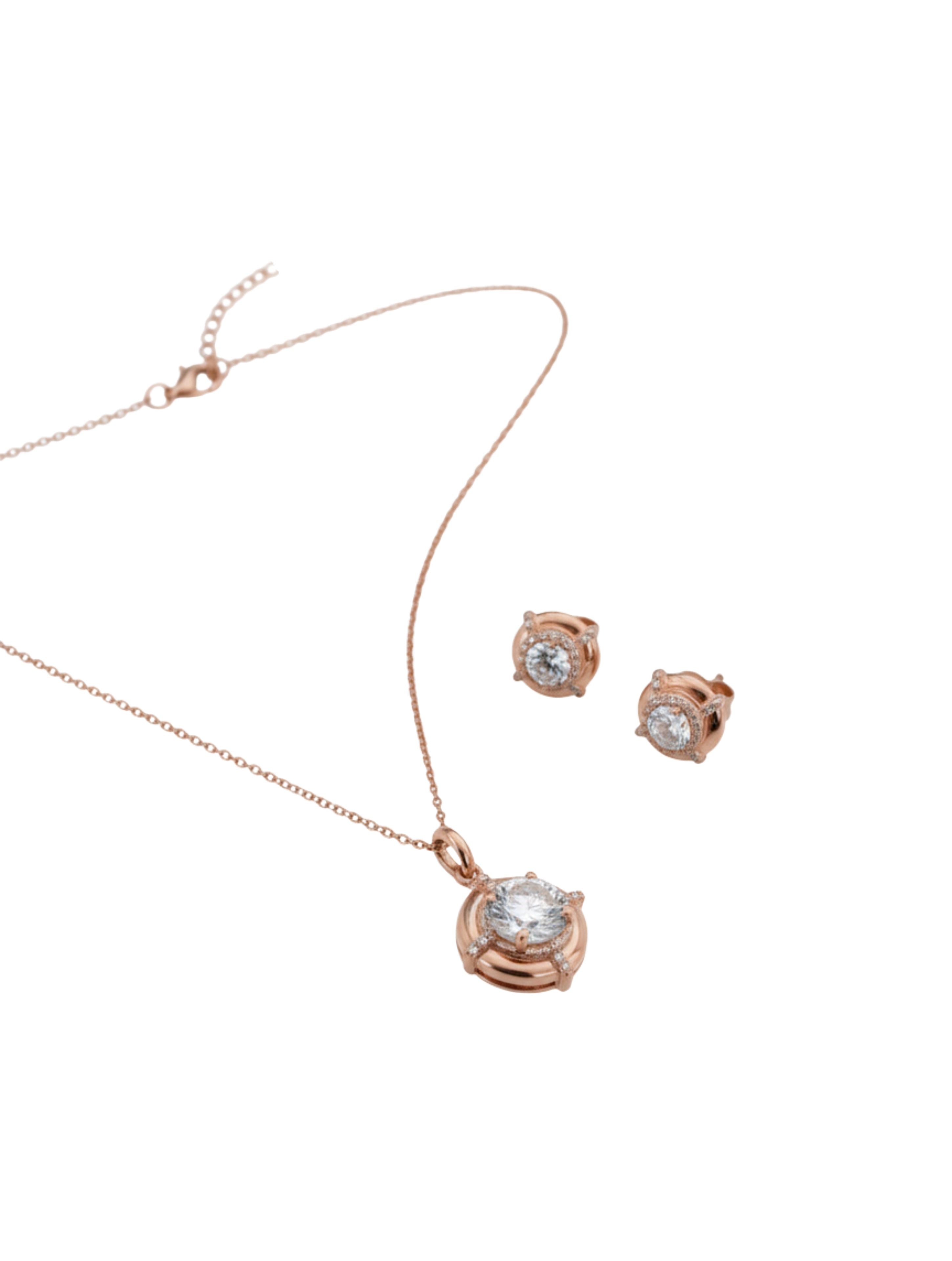 Rose Gold Halo Solitaire Necklace & Stud Earrings Set in 925 Sterling Silver