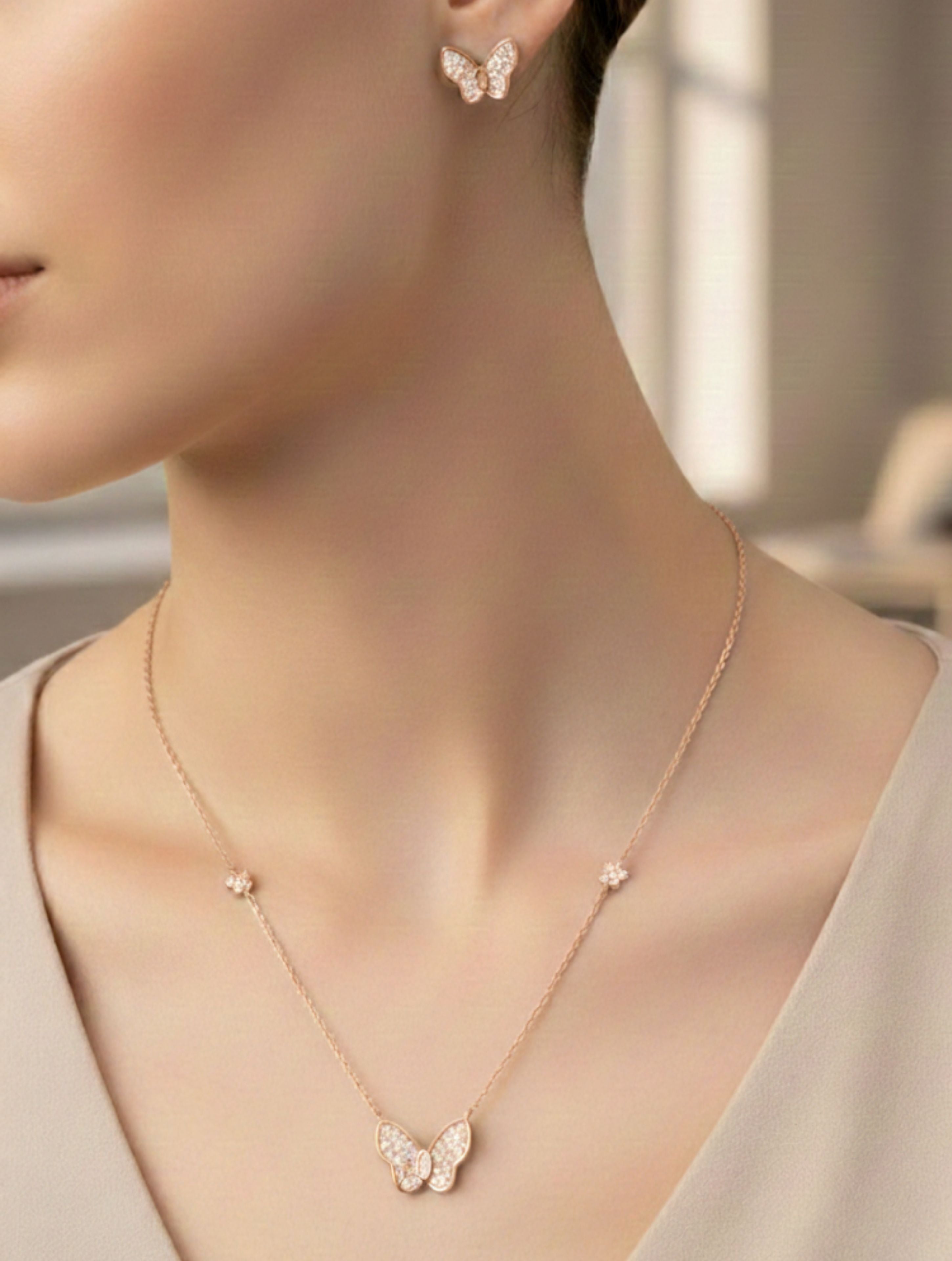 Rose Gold Butterfly Pendant and Stud Earring Set in 925 Sterling Silver