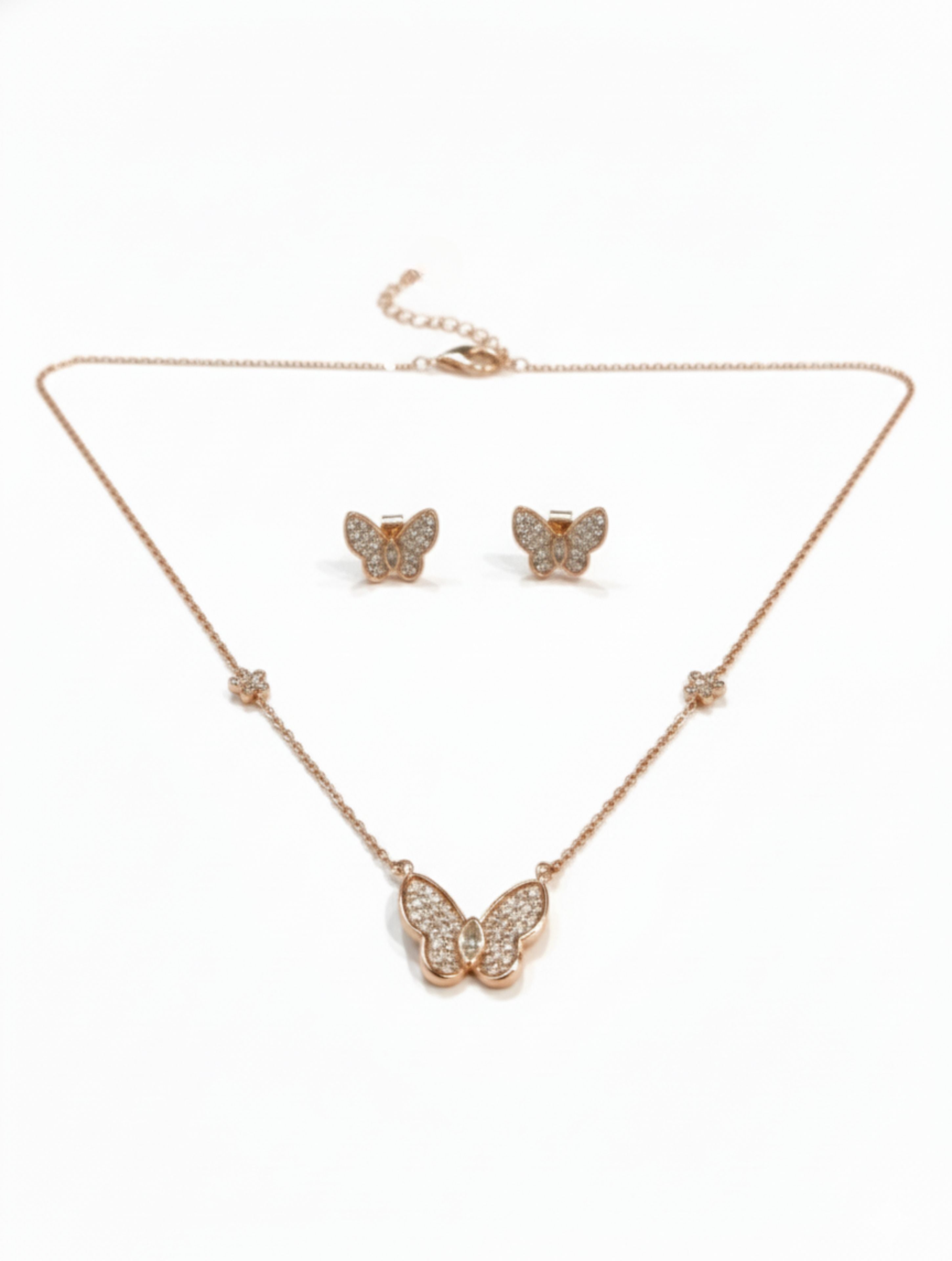 Rose Gold Butterfly Pendant and Stud Earring Set in 925 Sterling Silver